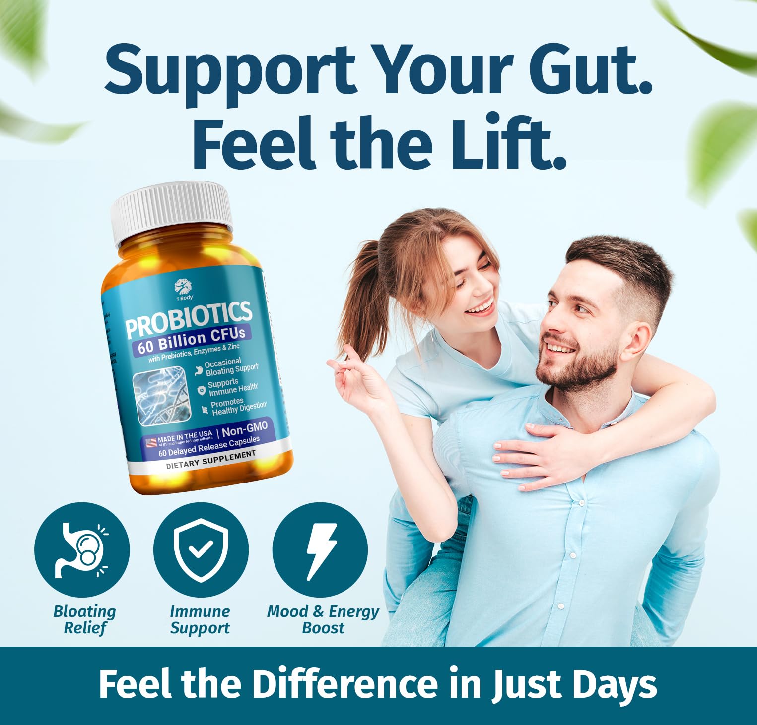1 Body Probiotic 60 Billion for Men & Women, Gut Health Support with Prebiotics, Digestive Enzymes, Zinc & L-Glutamine, Non-GMO, 60 Vegan Capsules 1 Body buy supplements canada