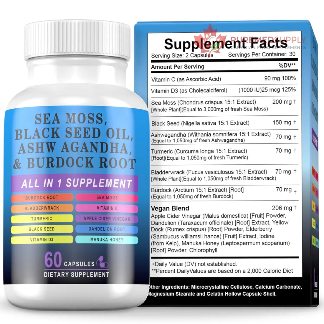 Pyzor Sea Moss Black Seed Oil Ashwagandha Turmeric Bladderwrack Burdock, Elderberry Manuka Dandelion, Burdock Root Turmeric Vitamin D3 Chlorophyll - 60 Capsules Pyzor buy supplements canada