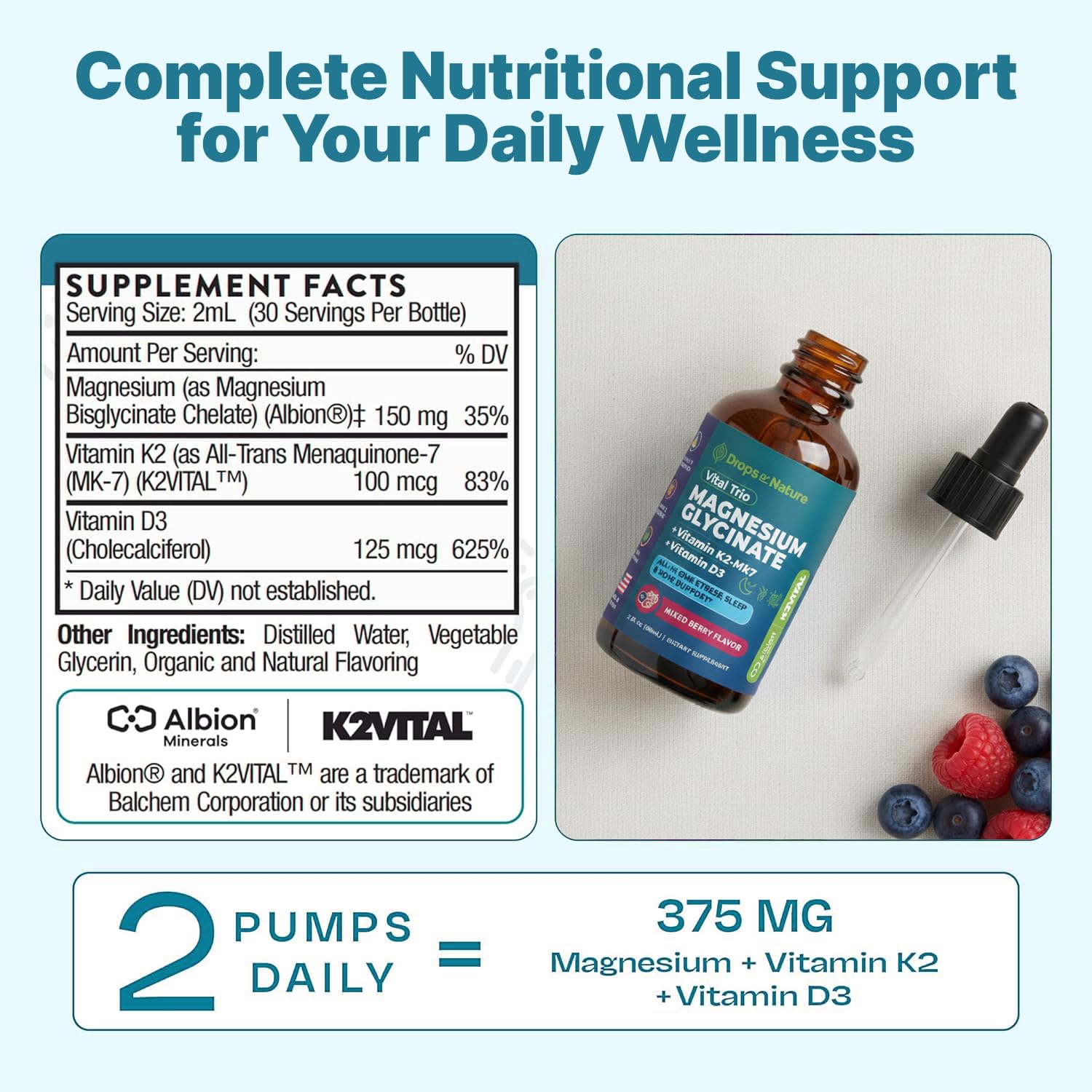Magnesium Glycinate, Vitamin K2 & D3 Supplement – GMO-Free – VIT D MK7 K2 Vitamin Supplement & Magnesium Blend – with Nutrients for Bone Nutrition & Cardiovascular Function (Mixed Berry, 60 mL) Drops Of Nature buy supplements canada