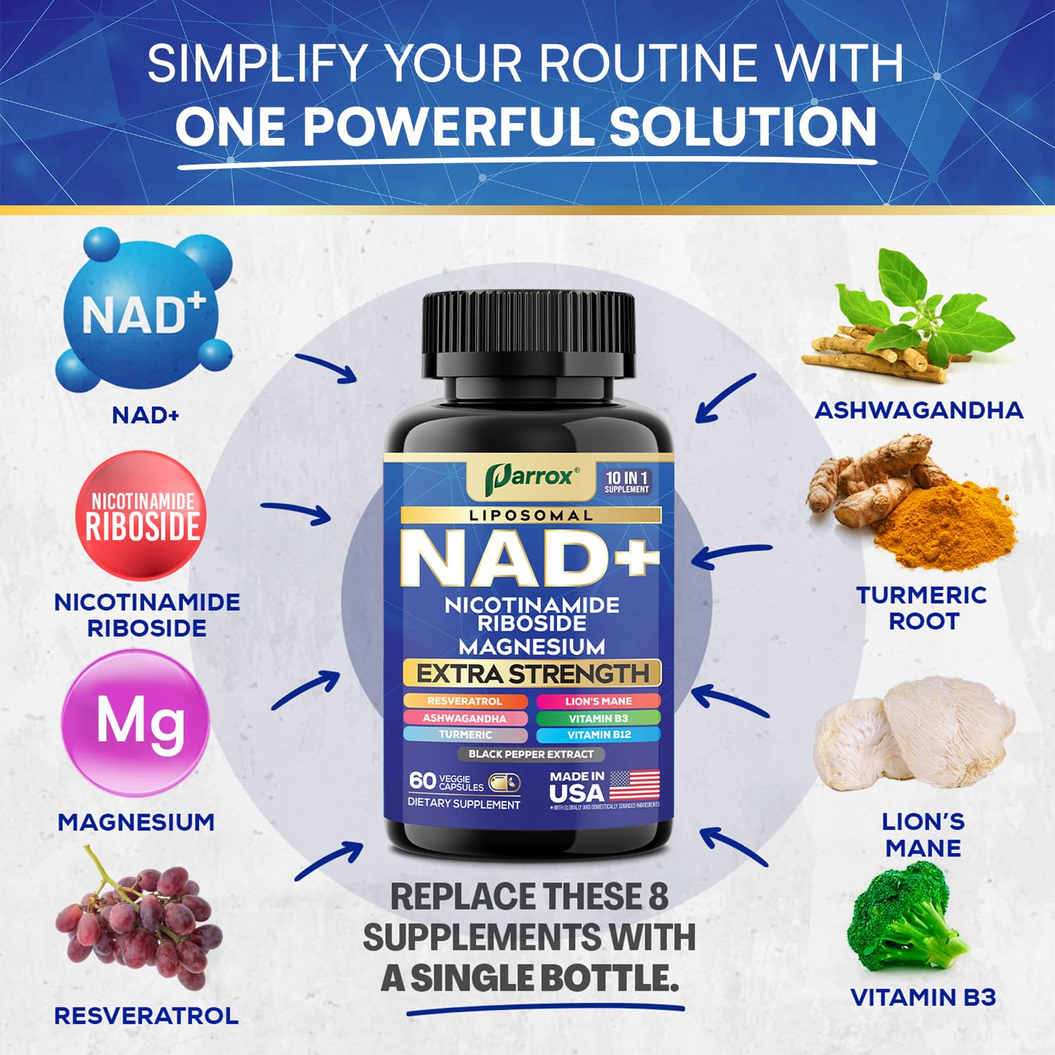 Parrox NAD+ Supplement with Liposomal NAD+, Nicotinamide Riboside, Magnesium, Vitamin B3 & B12, Resveratrol, Turmeric, Ashwagandha, Lion’s Mane,10-in-1 Extra Strength Parrox buy supplements canada