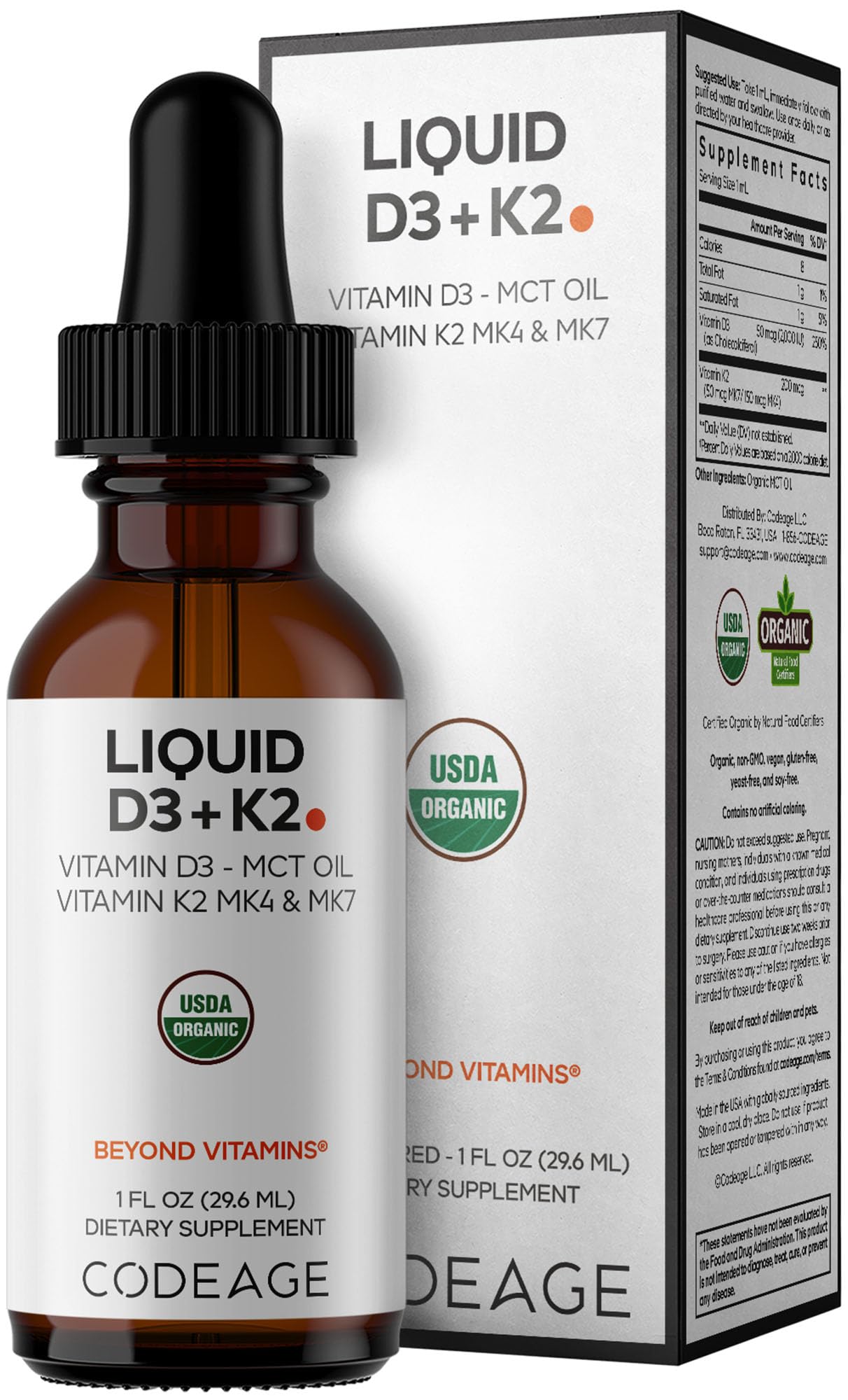 Codeage Liquid D3+K2 Vitamins USDA Organic - Vitamin D3 2000 IU, Vitamin K2 (MK4 & MK7) Liquid Drops - Immune Support - Unflavored - Organic MCT Oil - Non-GMO - 1 fl oz Codeage buy supplements canada