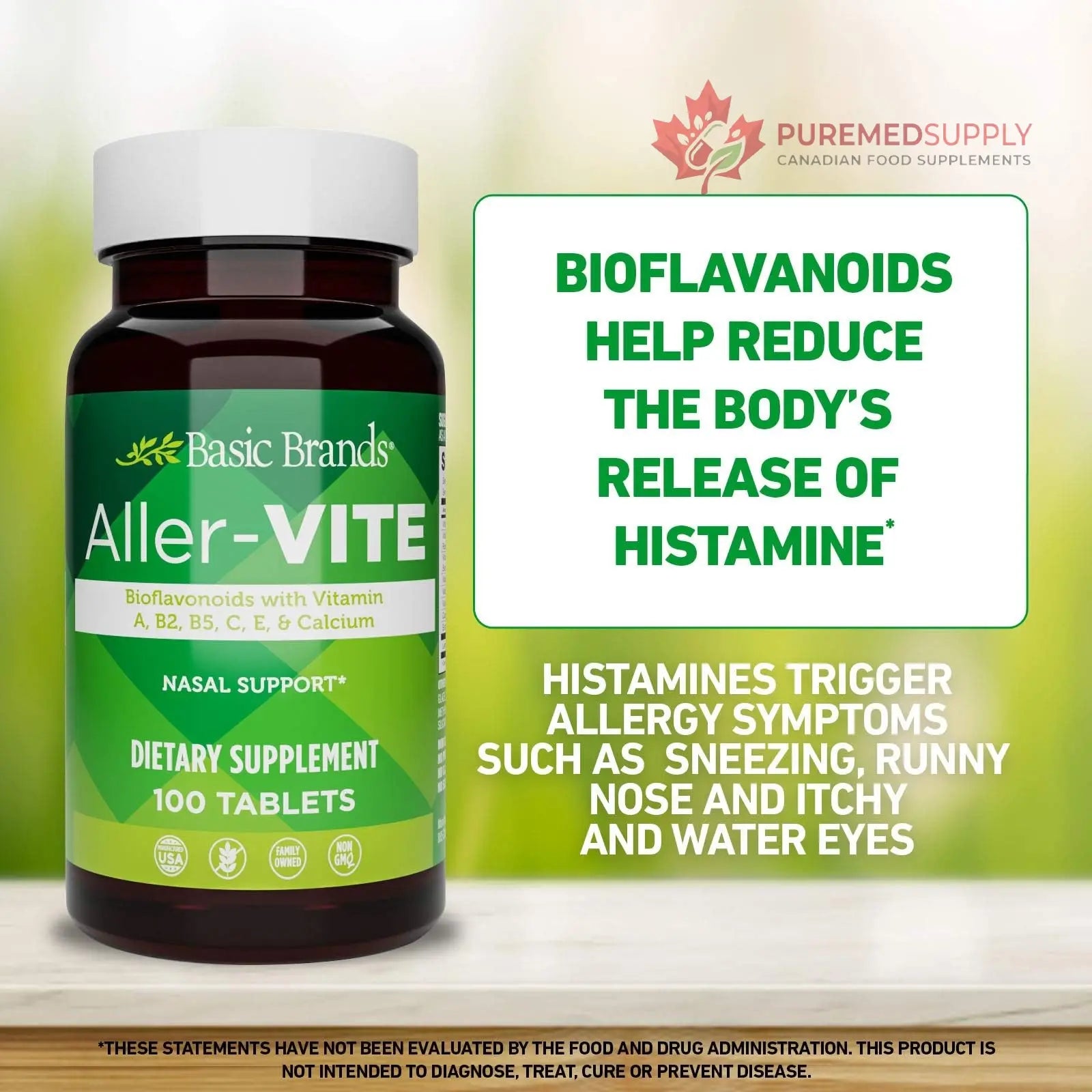 Basic Brands Aller Vite Nasal Support Tablets for Seasonal Allergy Relief, High Bioflavonoid Complex with Vitamins and Calcium, Gluten Free Daily Supplement, 100 Tablets Basic Brands buy supplements canada
