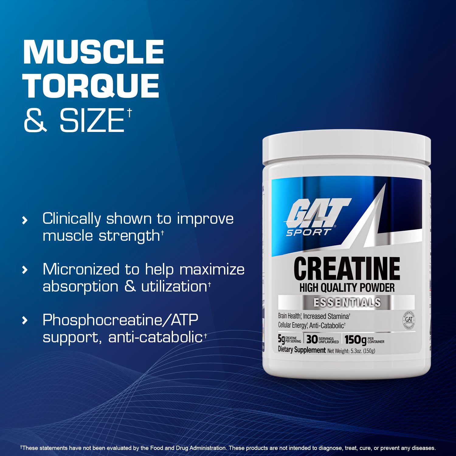 GAT SPORT Creatine Monohydrate Powder, 150 Grams, Strength, Brain Health, GLP1 Support Anti-oxidant, Endurance, for Men & Women, 1 Month Supply, Unflavored (30 Servings) GAT SPORT buy supplements canada