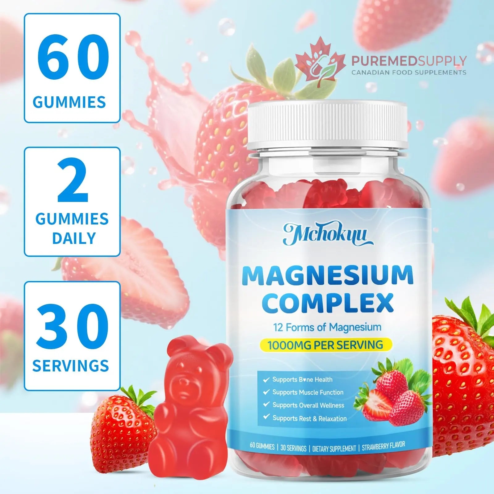 Magnesium Complex Gummies 1000mg | 12-in-1 Magnesium Complex Supplement with Glycinate, Citrate, Malate & Taurate Supports Muscle Function, Bone Health, Rest & Relaxation – Strawberry Flavor, 60 Count Mchokuu buy supplements canada