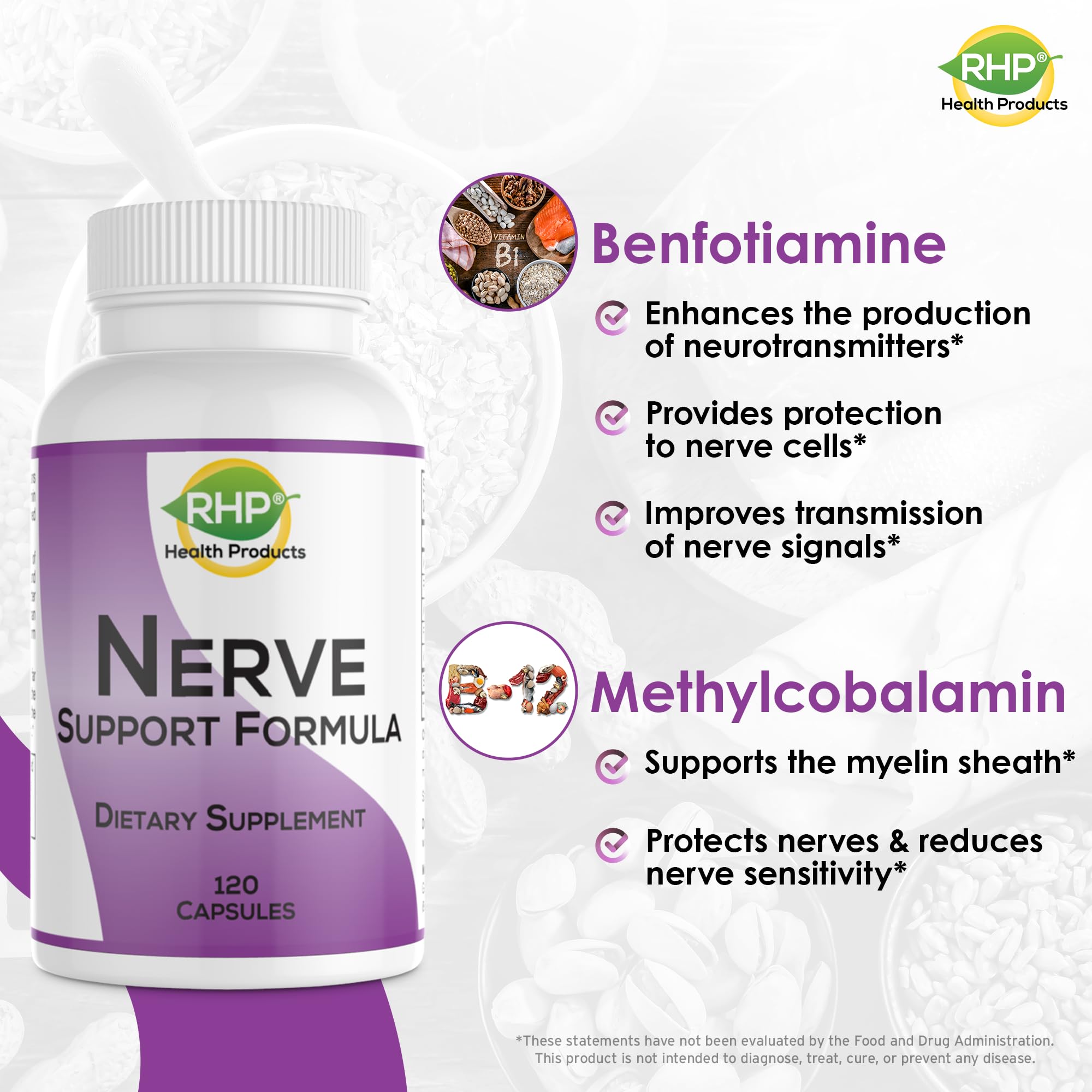 RHP Nerve Support Formula. Nutritional Support of Neuropathy, Nerve Relief from Aches, Nerve Pain & Discomfort. B-Complex with Benfotiamine and Methyl B12. 120 Capsules RHP buy supplements canada