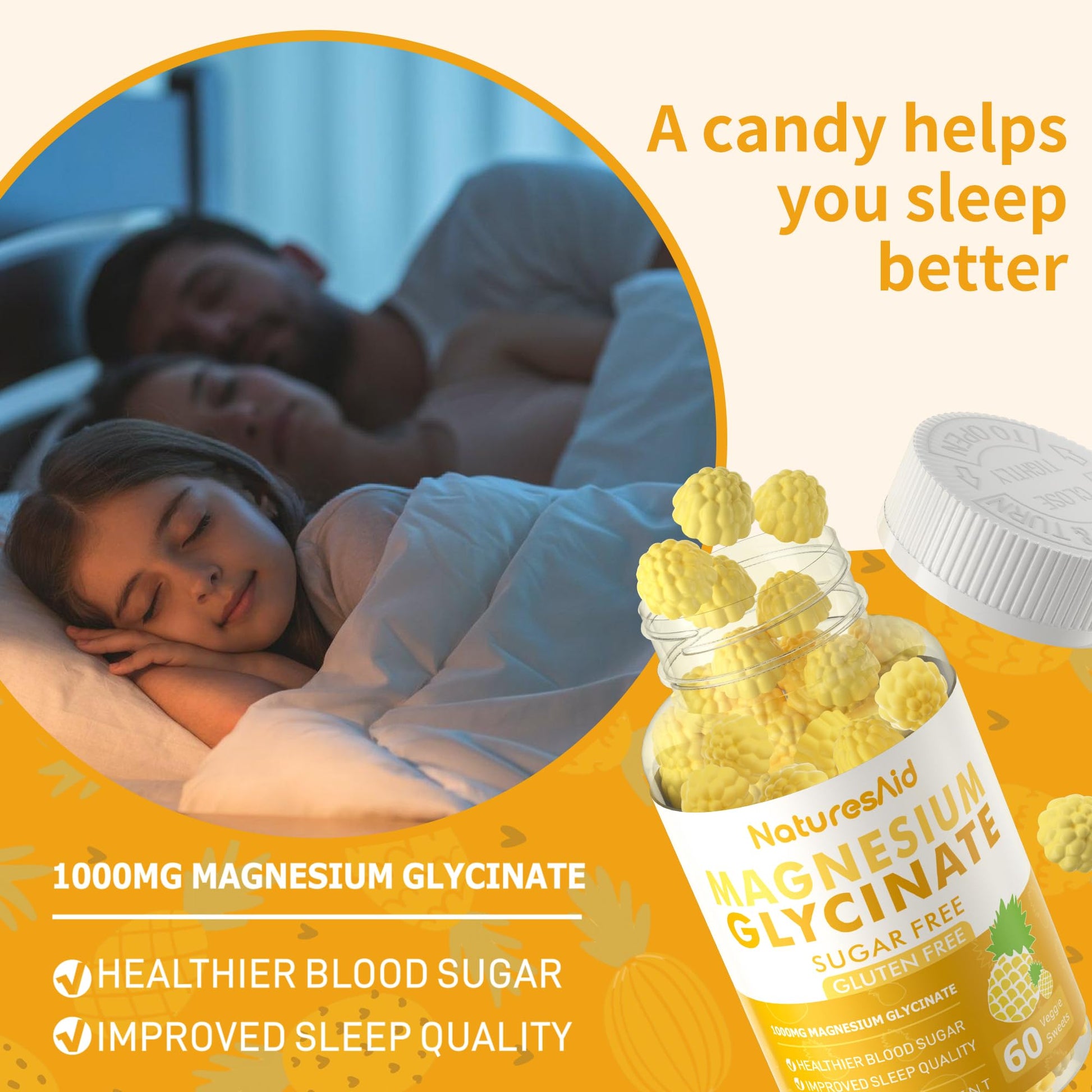 Magnesium Glycinate Gummies 1000mg - Sugar Free Magnesium Potassium Supplement with Vitamin D, B6, CoQ10 for Calm Mood & Sleep Support - 60 Pineapple Gummies -1 Pack Natures Aid buy supplements canada