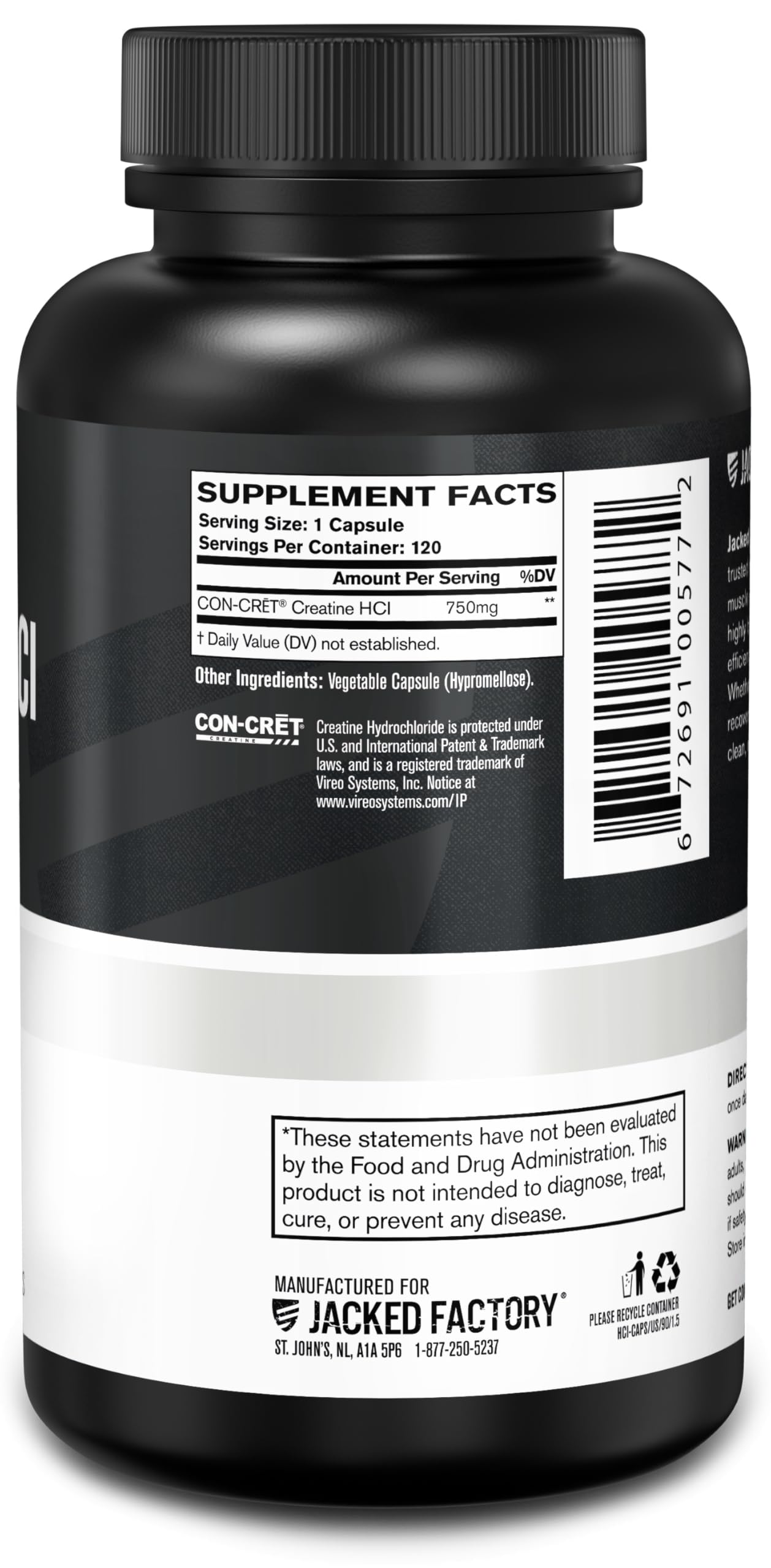 Jacked Factory Creatine HCl Capsules - CON CRET Creatine Pills 750mg - Lean Muscle Growth & Recovery, Boost Strength & Endurance, No Bloating or Cramps - 120 Capsules Jacked Factory buy supplements canada