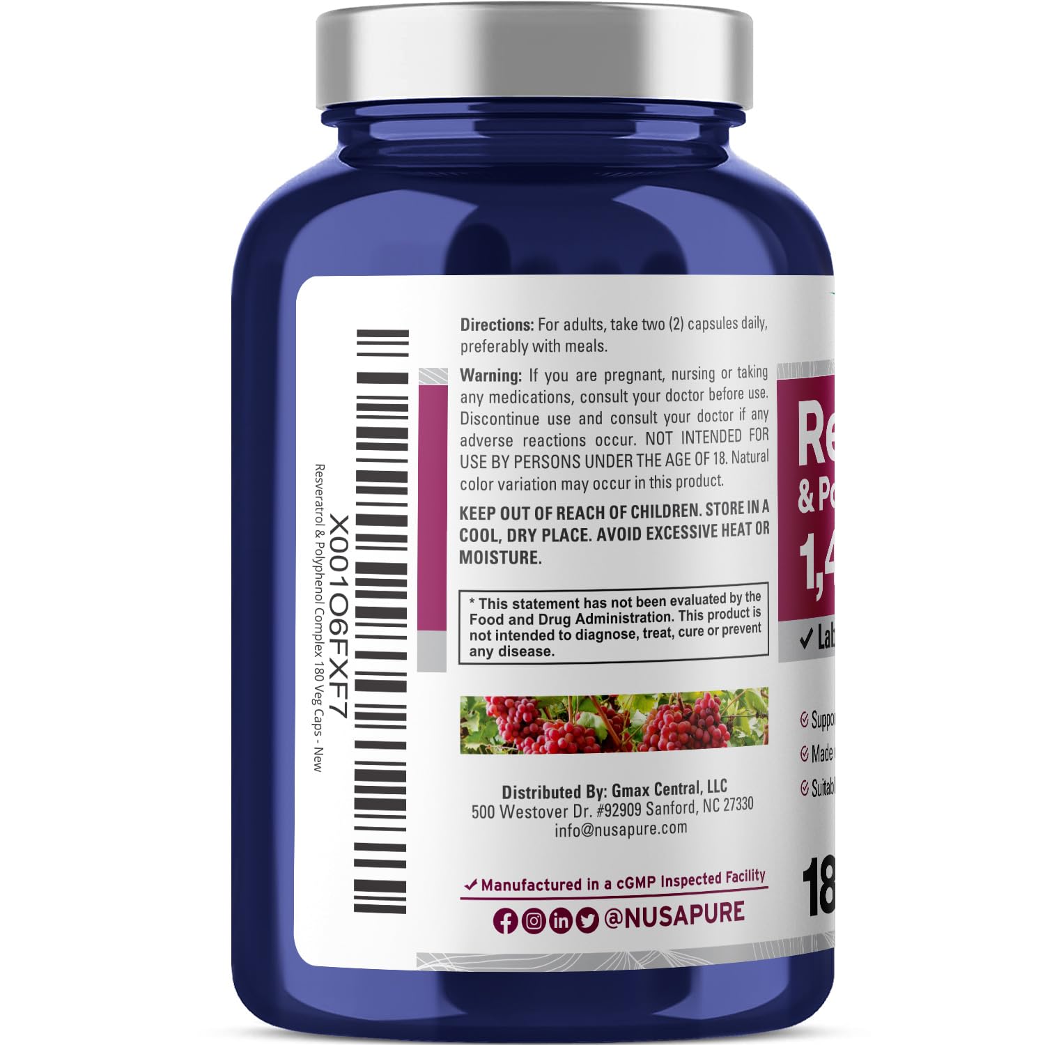 NusaPure Resveratrol & Polyphenol Complex 1450mg 180 Vegetarian Caps (Non-GMO, Vegan) Vitamin C NusaPure buy supplements canada