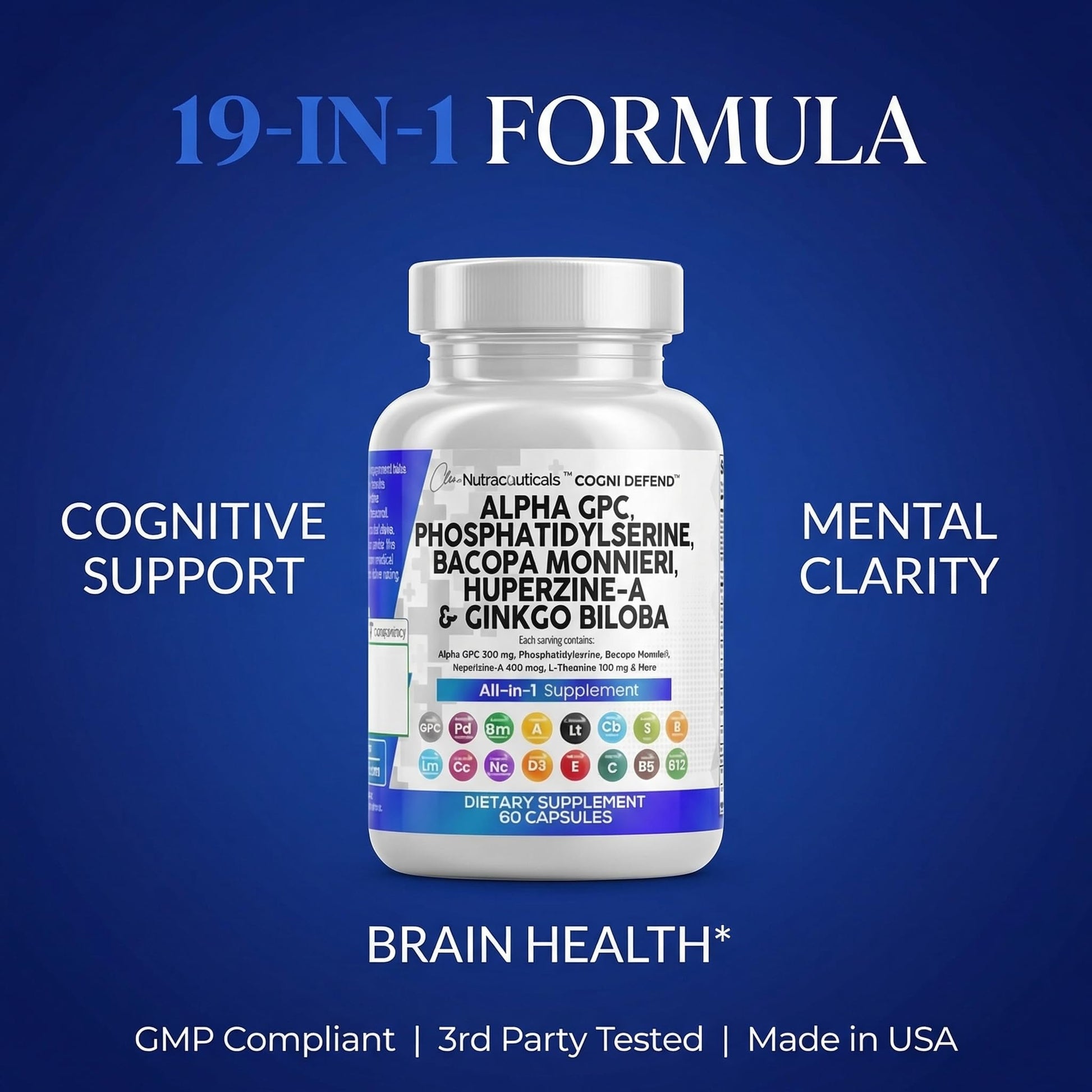 Brain Supplement Alpha GPC 300mg Phosphatidylserine Bacopa Monnieri Ginkgo Biloba Lions Mane Huperzine A L-Theanine NAC Nootropic Memory Focus Cognitive Support Vitamins B C D E 60 Capsules USA Clean Nutraceuticals buy supplements canada