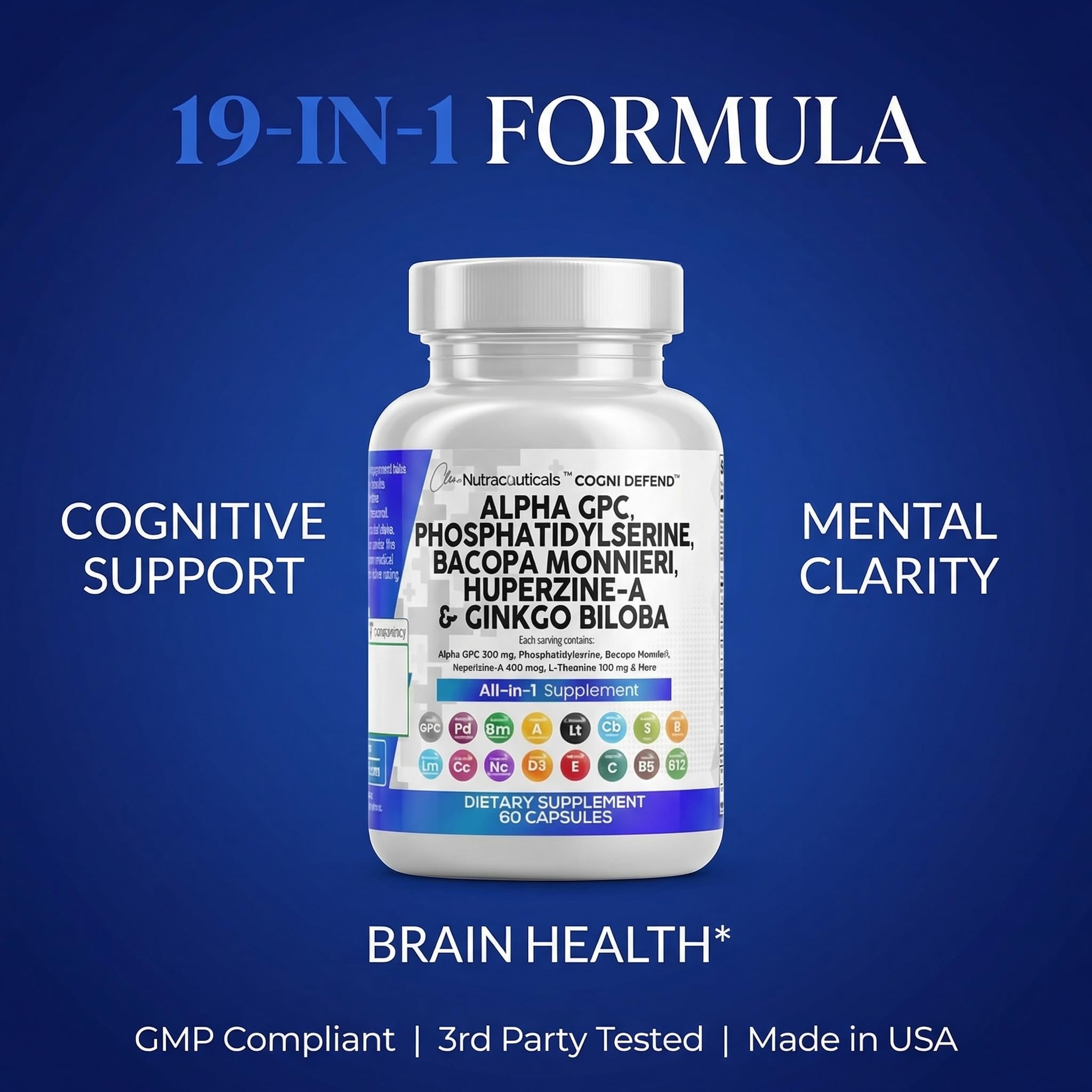 Brain Supplement Alpha GPC 300mg Phosphatidylserine Bacopa Monnieri Ginkgo Biloba Lions Mane Huperzine A L-Theanine NAC Nootropic Memory Focus Cognitive Support Vitamins B C D E 60 Capsules USA Clean Nutraceuticals buy supplements canada