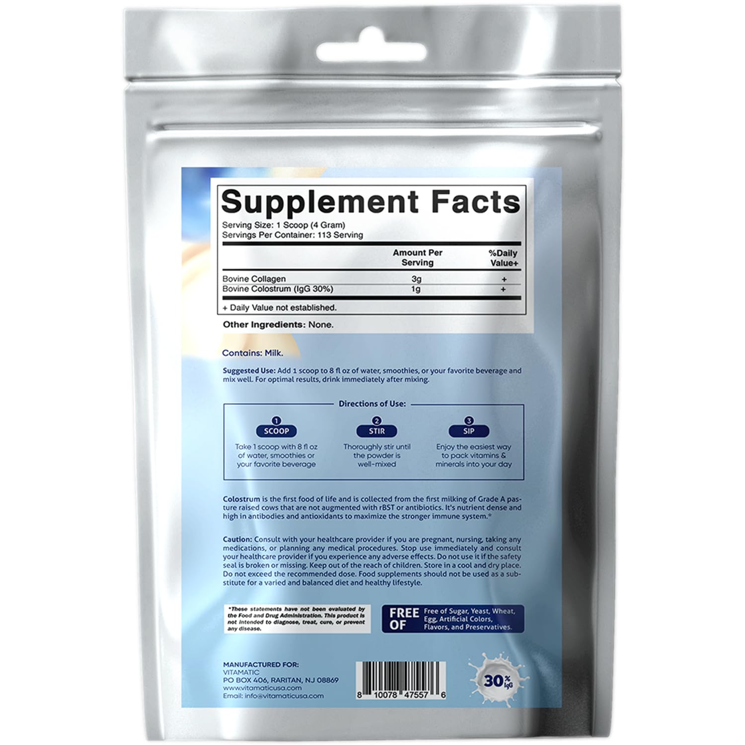 Vitamatic Bovine Colostrum + Collagen Powder - Supplement for Gut Health, Hair Growth, Beauty, Muscle Recovery, & Immune Support - Easy to Mix - Unflavored - 454 Gram, (16 oz) Vitamatic buy supplements canada