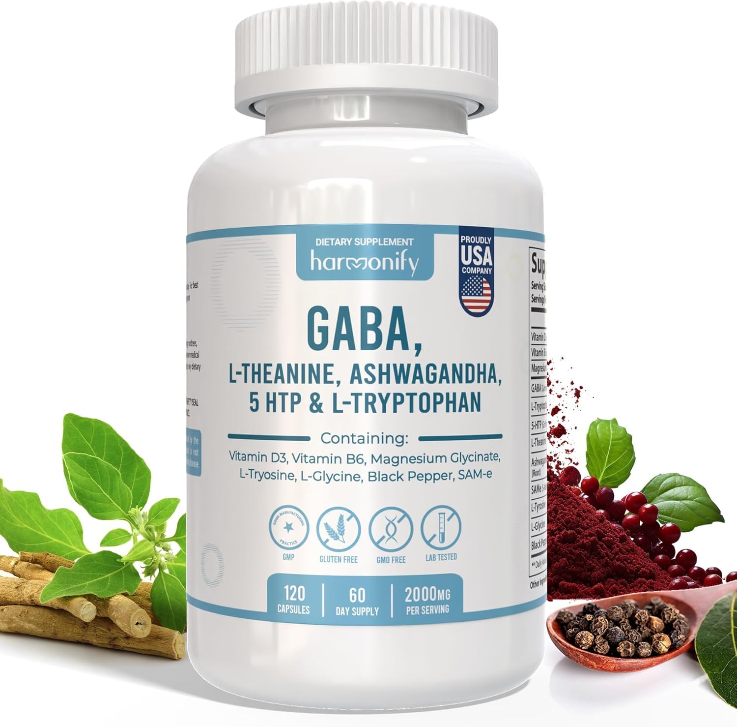 HARMONIFY GABA L-Theanine Supplements with Magnesium Glycinate, Ashwagandha, Same, 5-HTP and L-Tryptophan, 12 in 1 Supplements, 120 Capsules, 2000 mg HARMONIFY buy supplements canada