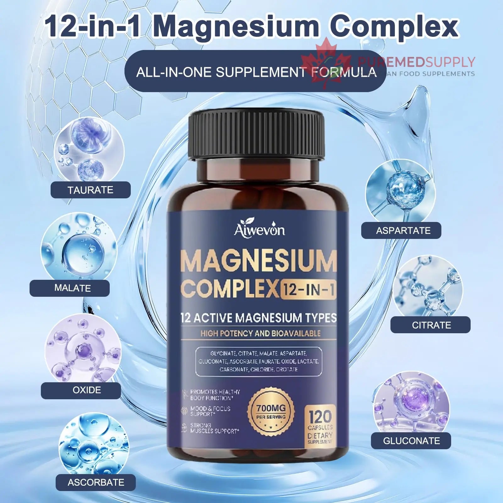 Magnesium Complex 700mg, 12 in 1 Magnesium Supplement with Glycinate, Citrate, Malate, Oxide, Taurate & Orotate, High Absorption Magnesium for Sleep, Muscle, Nerve & Heart Support, Vegan, 120 Capsules Aiwevon buy supplements canada