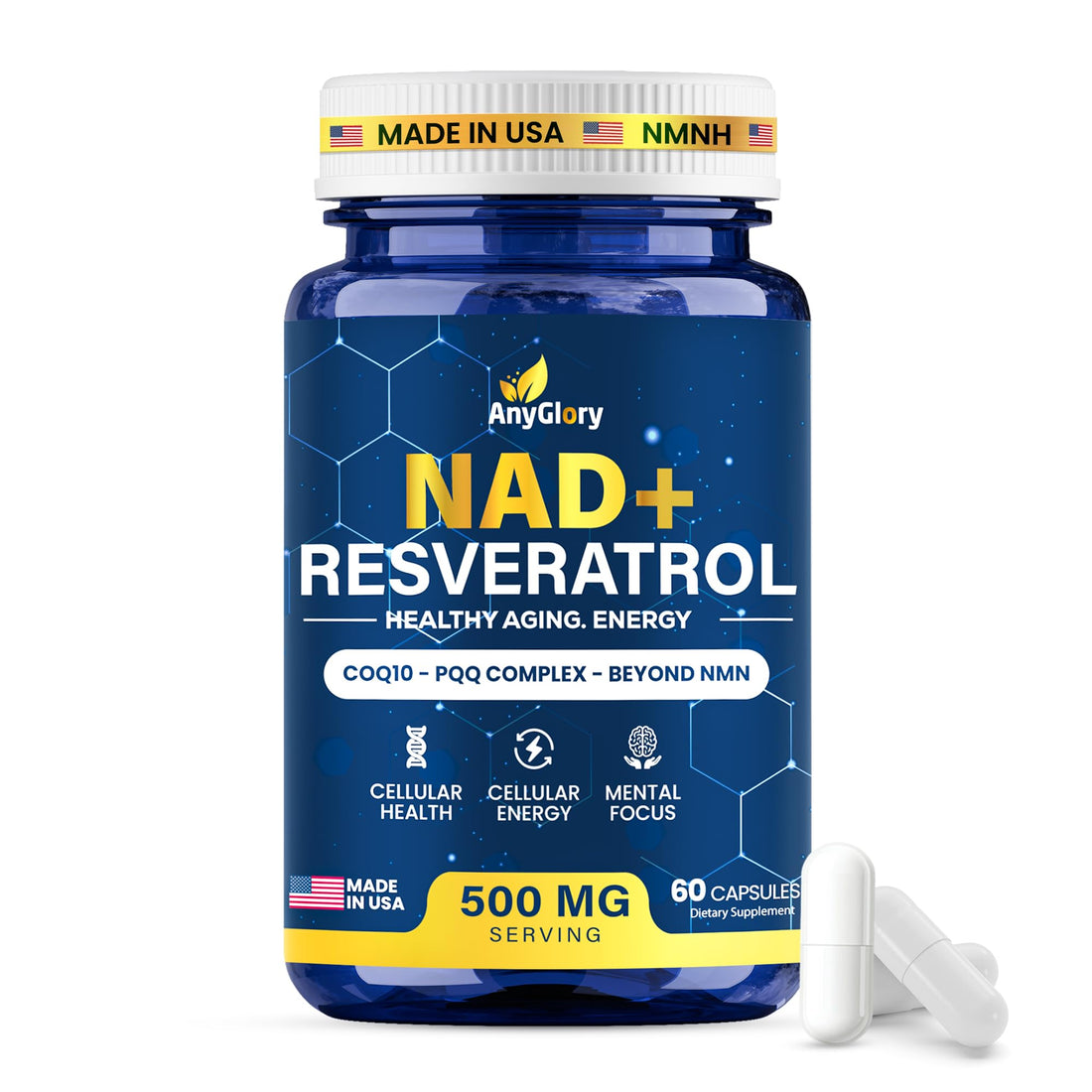 Anyglory NAD+ Supplement with 500mg NR, Resveratrol, CoQ10, PQQ- 5-in-1 NAD Formula |NMN Supplement Alternative|NAD Resveratrol Support Cellular Energy & Healthy Aging-Made in USA-60 Capsules Anyglory buy supplements canada