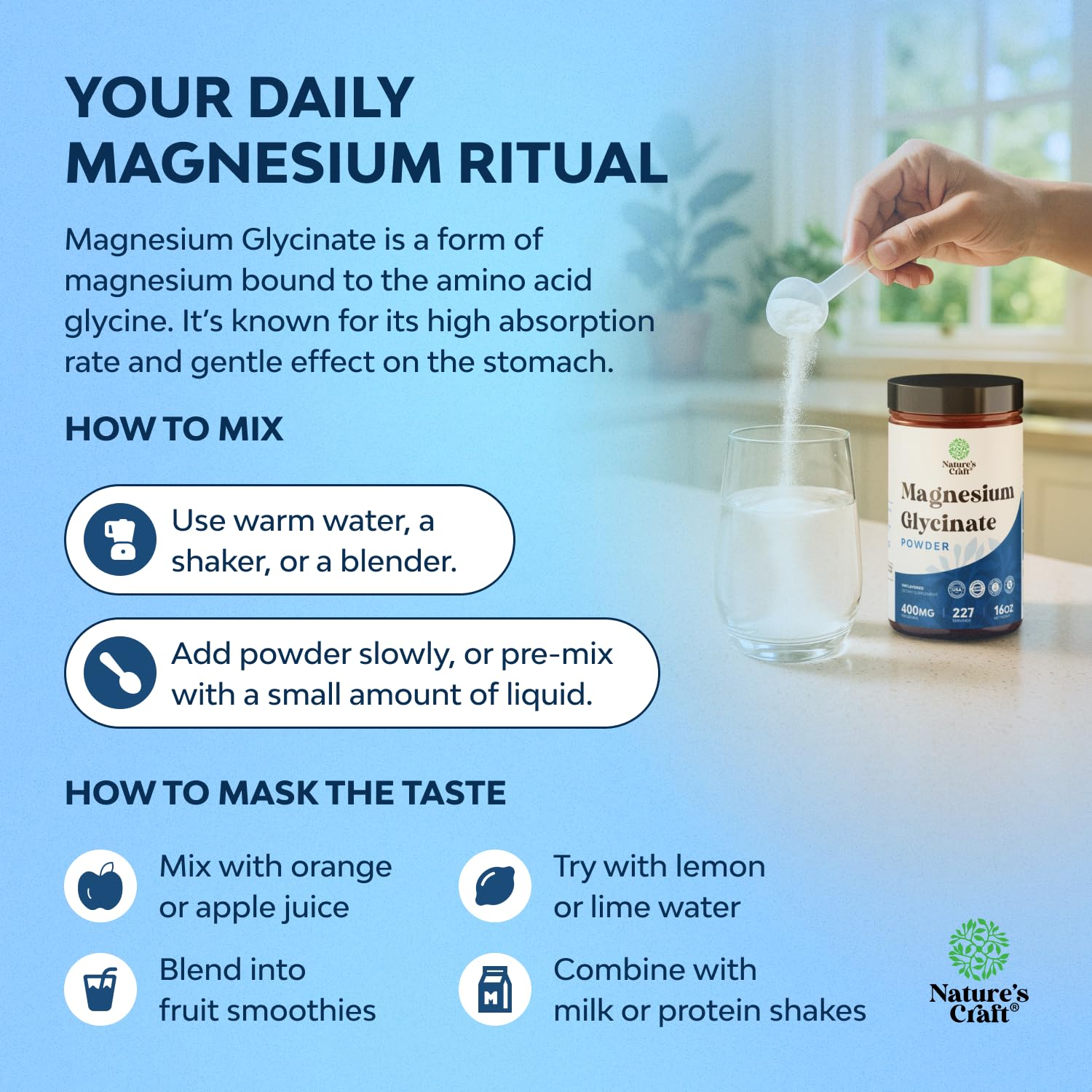 Potent Magnesium Glycinate Powder 400mg - Calm Magnesium Powder Bulk for Muscle Relax, Calm & Sleep Support for Adults - Glycinate Mag Soothe Vegan & Non-GMO Supplement - 1 Pack Natures Craft buy supplements canada