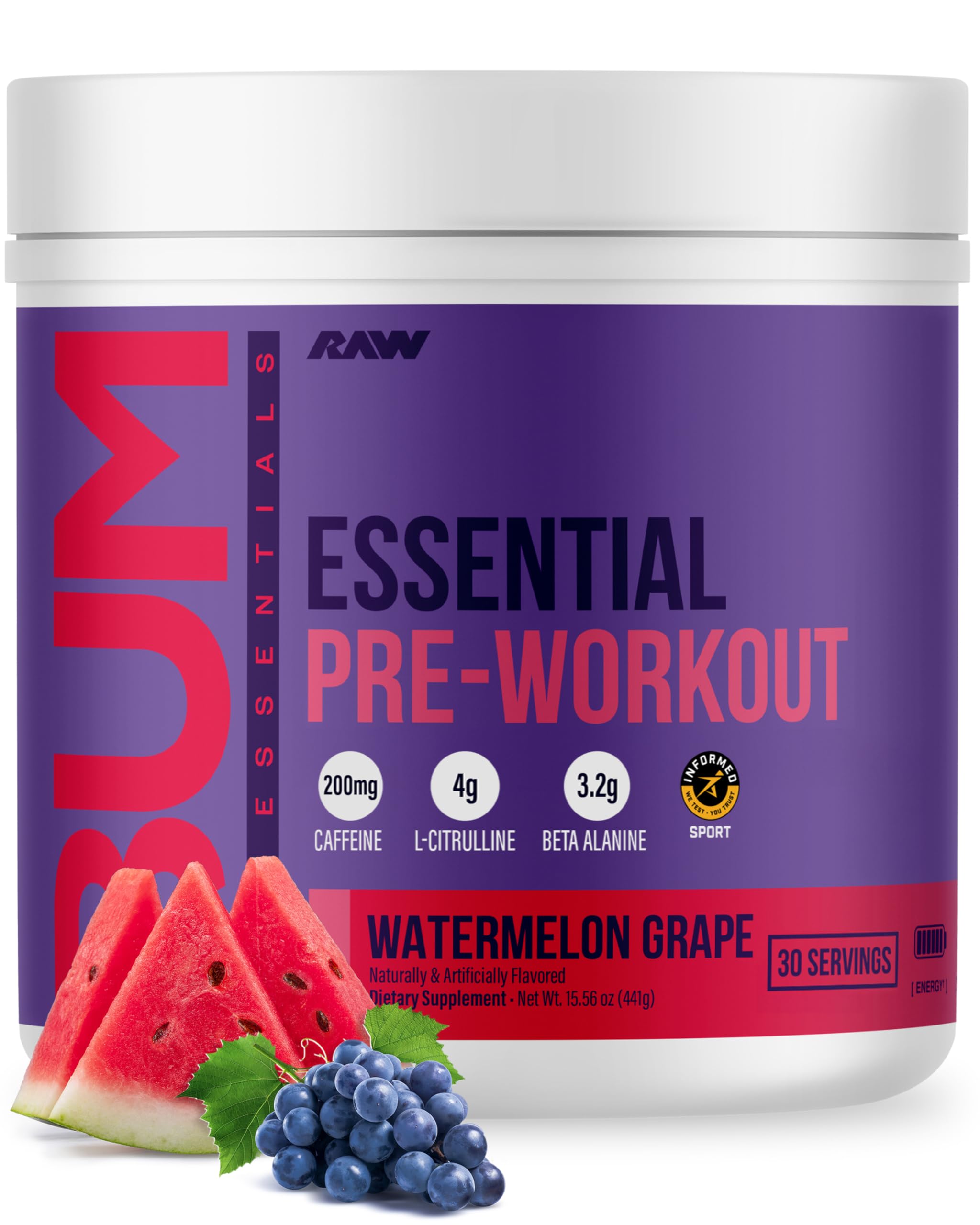 RAW Essential Pre-Workout Powder (Watermelon Grape) - Chris Bumstead Sports Nutrition Supplement for Men & Women - Preworkout Energy Powder with Caffeine, L-Citrulline, RAW buy supplements canada