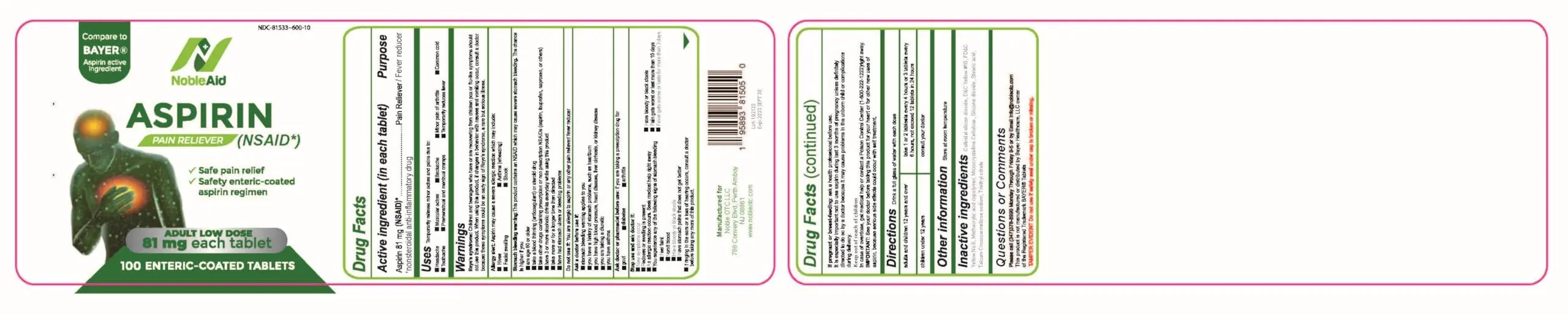Pure Low Dose Baby Aspirin 81mg for Adults, 100 Count Enteric Coated Aspirin Tablets for Men and Women, Safe Relief for Symtoms Associated with Headache, Arthritis, Cramps NobleAid buy supplements canada
