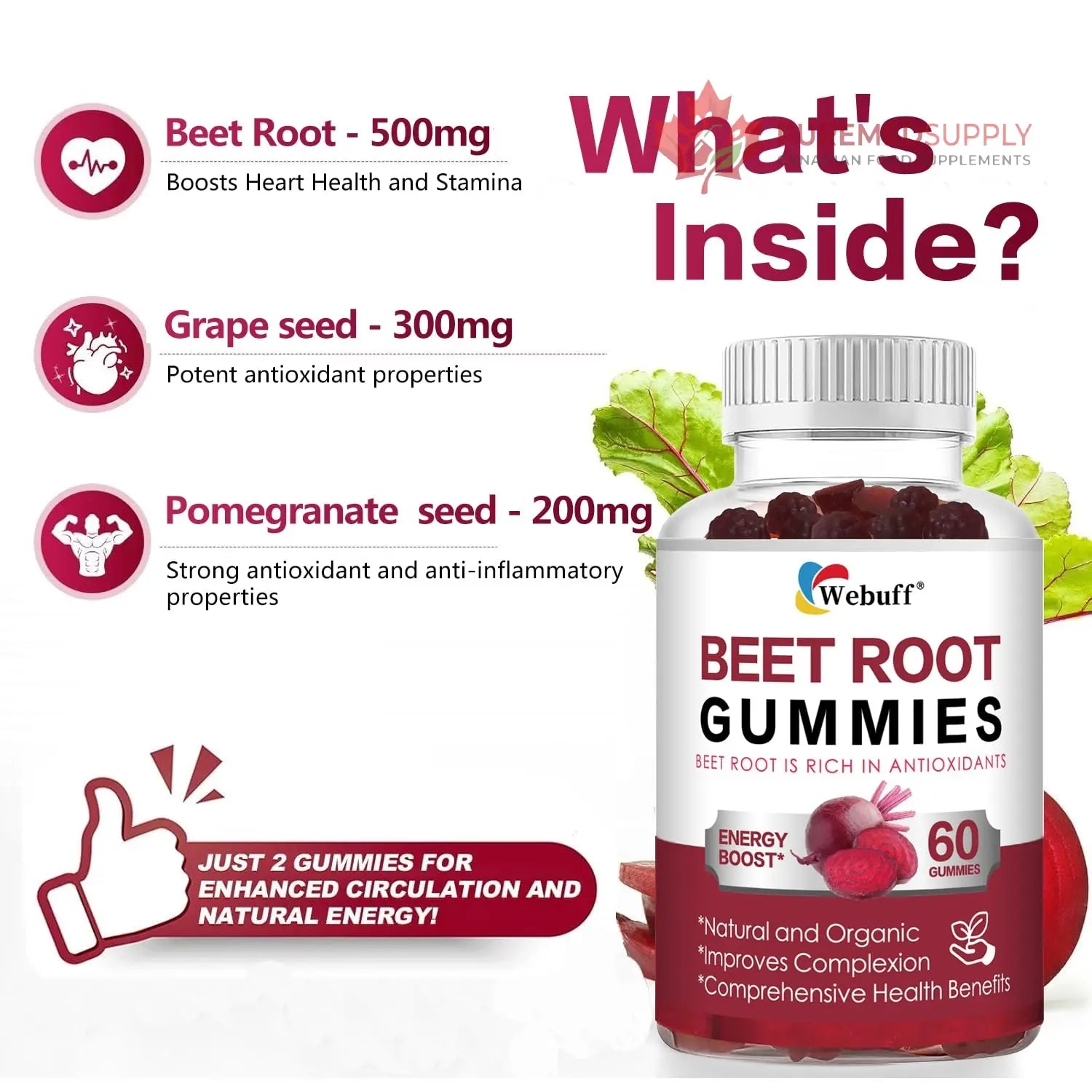 Webuff Beet Root Gummies - Nitric Oxide Booster with Organic Beet, Pomegranate & Grape Seed, Vitamin B12 - Energy, Circulation & Heart Health Support, Vegan, Non-GMO, 60 Count (Pack of 1) Webuff buy supplements canada