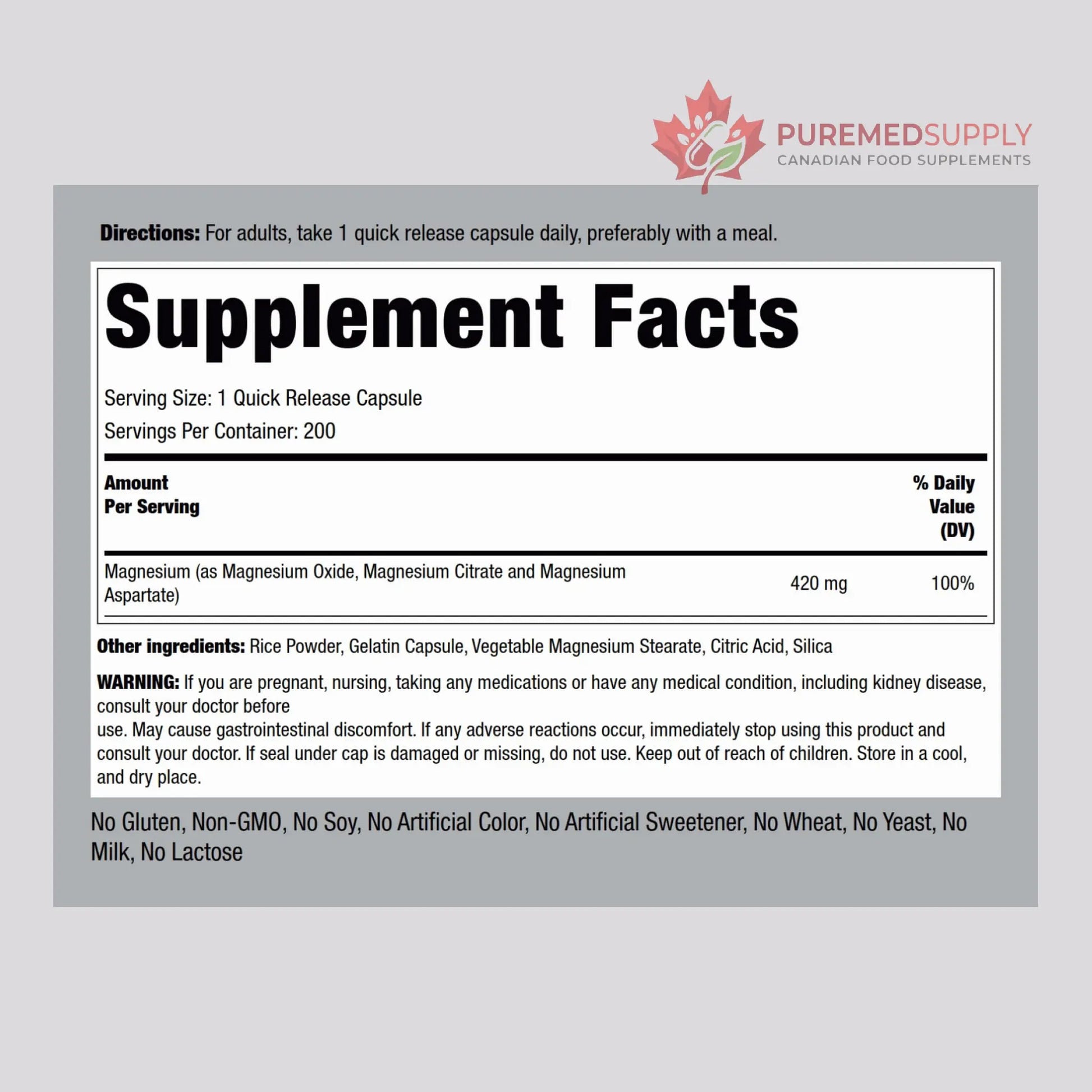 Piping Rock Triple Magnesium Complex | 420 mg | 200 Capsules | Magnesium Oxide, Citrate, and Aspartate Supplement | Non-GMO, Gluten Free Piping Rock buy supplements canada