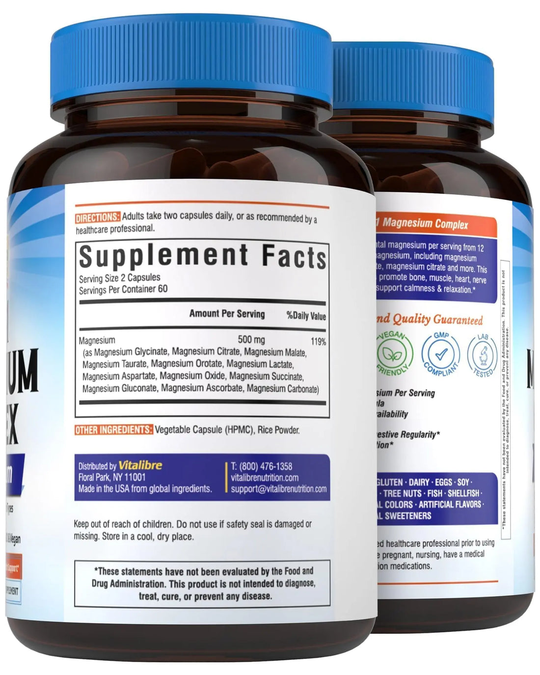 Vitalibre 12 in 1 Magnesium Complex Supplement 500mg | Max Absorption Chelated Magnesium Glycinate Citrate Malate & More for Bone, Nerve & Digestive Support | Non-GMO Vegan Capsules (120 Count) Vitalibre buy supplements canada