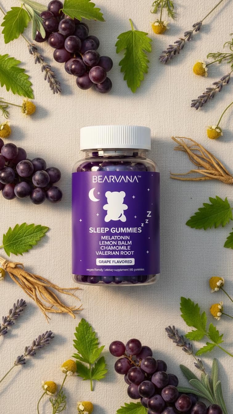 BEARVANA Sleep Gummies with Melatonin | Grape Flavored Vegan Sleep Supplement with Lemon Balm, Chamomile & Valerian Root | Night time Relaxation & Rest Support | 60 Gummies BEARVANA buy supplements canada