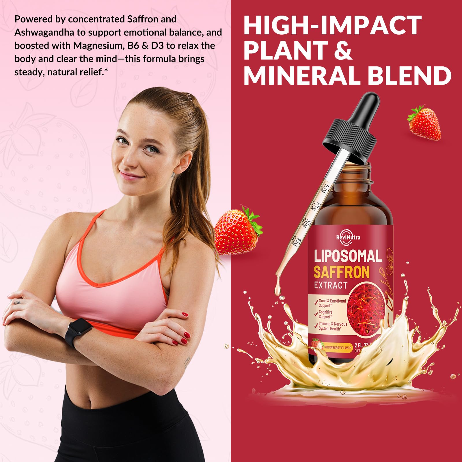 Saffron Supplements - 88.5mg Saffron Extract Liposomal Liquid Drops with Magnesium, Zinc, Ashwagandha, L-Theanine, Vitamin B6, D3 for Antioxidant Mood Energy Vision & Focus, Strawberry Flavor 2 Fl Oz ReviNutra buy supplements canada