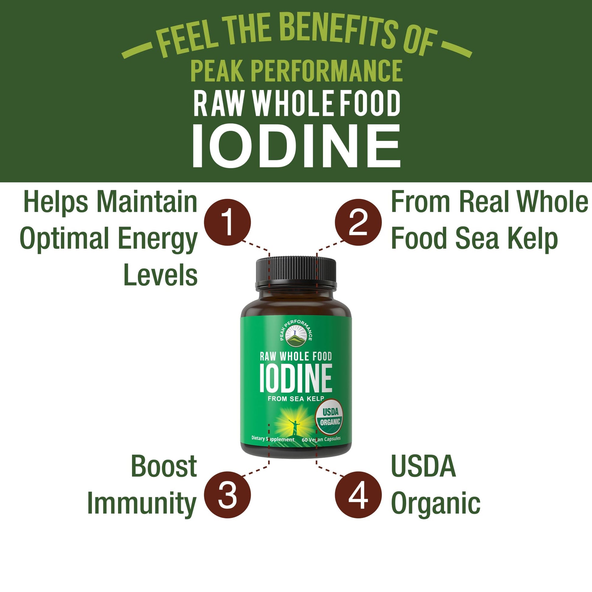 USDA Organic Raw Whole Food Iodine Supplement from Kelp (Ascophyllum Nodosum) - Potassium Iodide Tablets Alternative - for Thyroid, Energy, and Immune Support - 60 Vegan Capsules by Peak Performance Peak Performance buy supplements canada