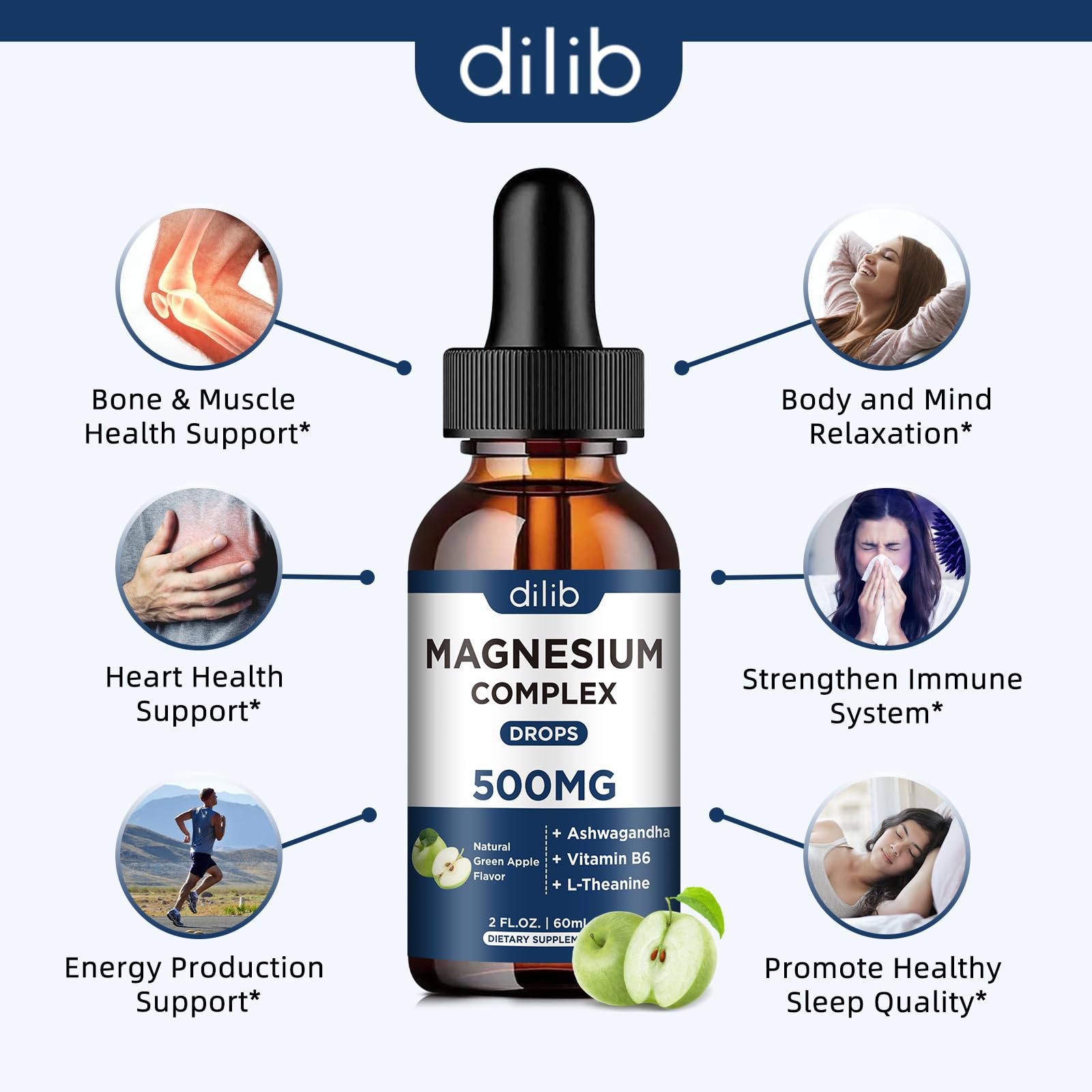 Triple Magnesium Complex Supplement-Magnesium Glycinate, Citrate, Malate Liquid Drops 500mg with Ashwagandha, L-Theanine, B6 for Calm, Stress Relief, Sleep, Muscle Support-Green Apple Flavor dilib buy supplements canada