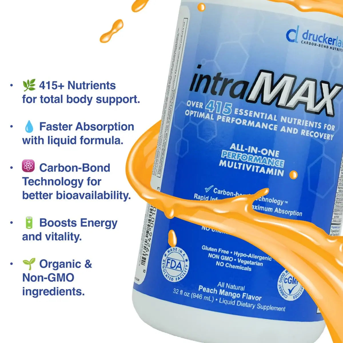 Drucker Labs - intraMAX Organic Liquid Multivitamin, Non GMO, Dairy Free, Gluten Free, Magnesium, Vitamin D, C and E, Zinc (32 oz., Peach Mango) Drucker Labs buy supplements canada