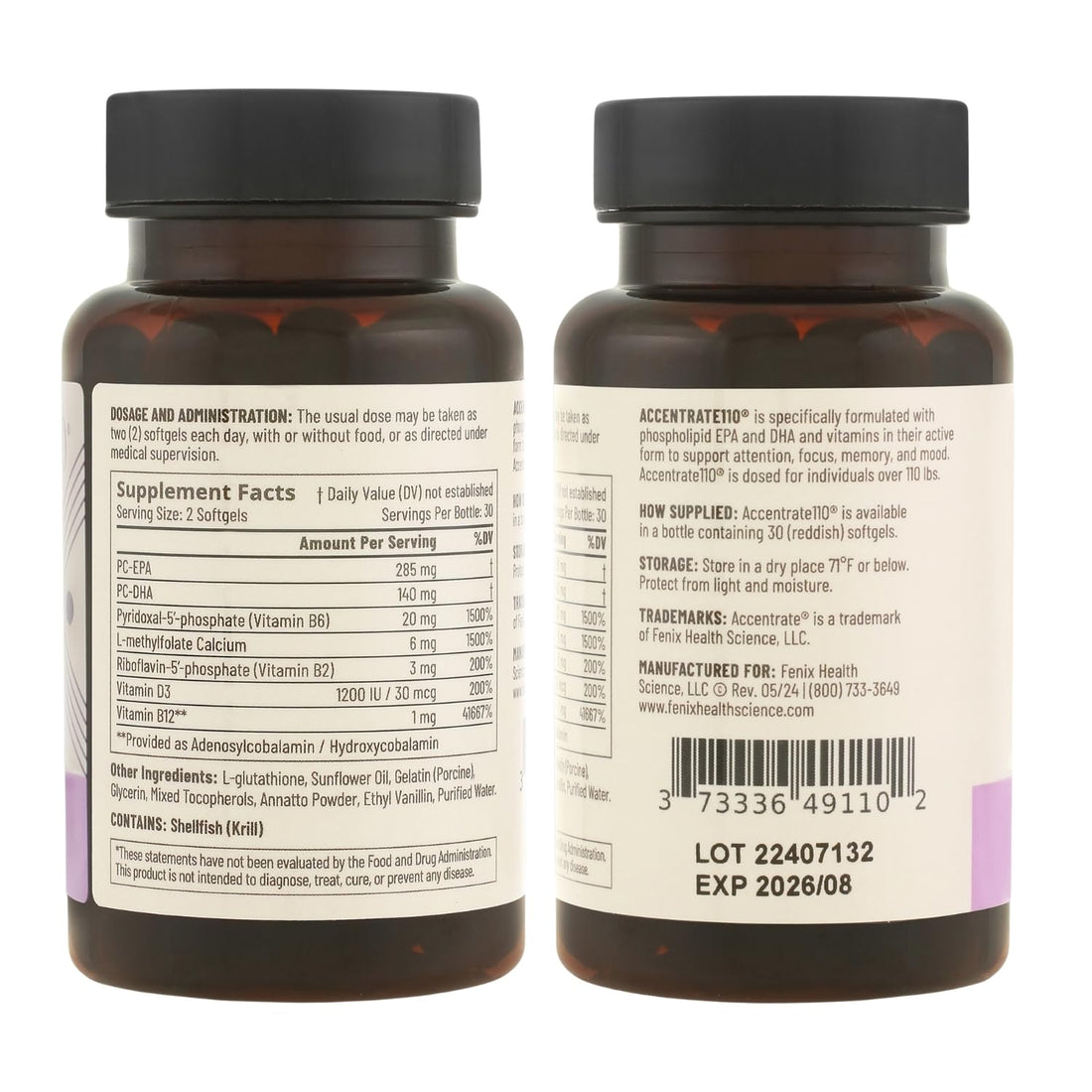 Accentrate110 - Focus Supplement - Methylated Vitamin B Complex with Omega 3 Fatty Acid Supplement - L-Methylfolate, Vitamin B12, P-5-P, Riboflavin, VIT D, – 60 Softgels (1 Month Supply) Accentrate buy supplements canada