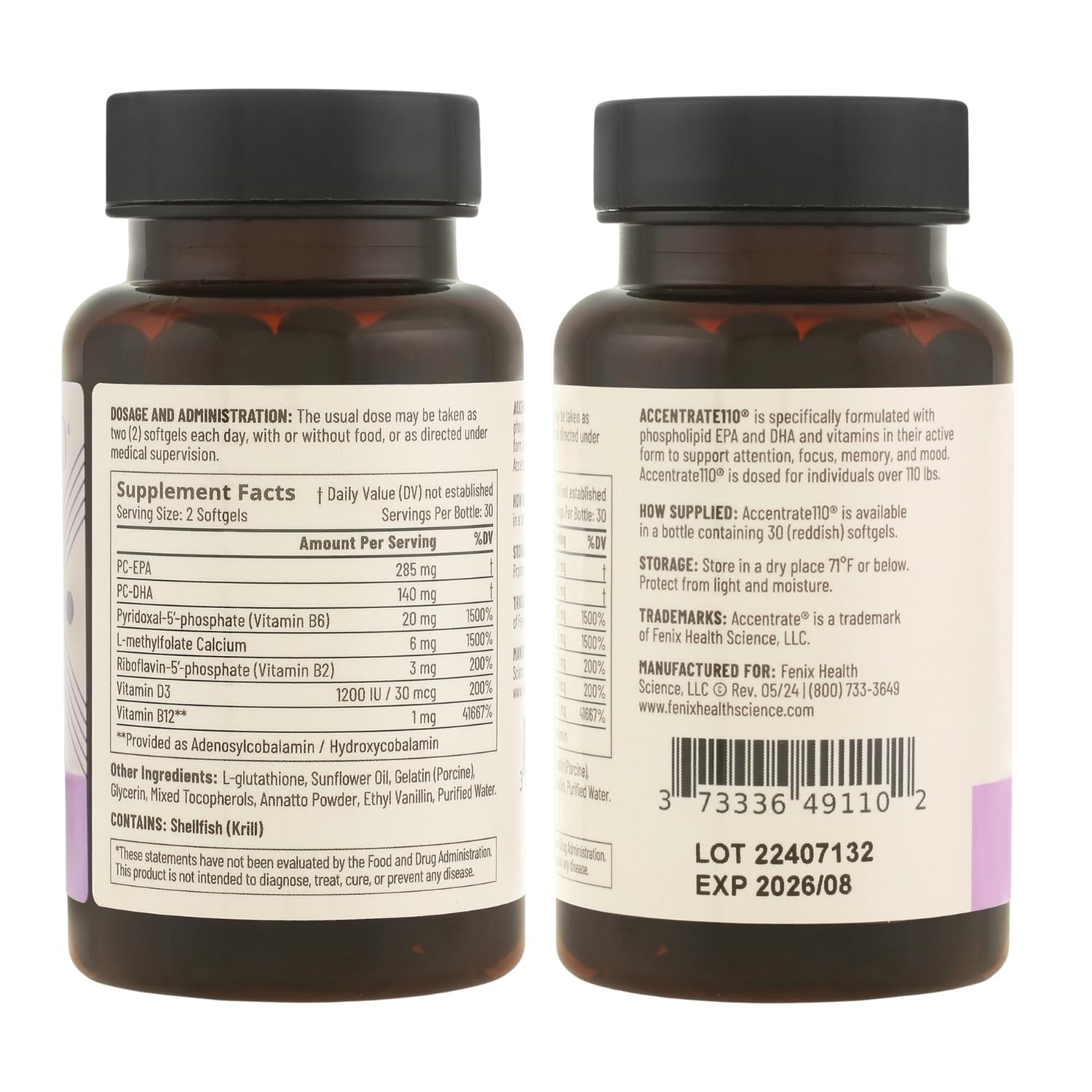 Accentrate110 - Focus Supplement - Methylated Vitamin B Complex with Omega 3 Fatty Acid Supplement - L-Methylfolate, Vitamin B12, P-5-P, Riboflavin, VIT D, – 60 Softgels (1 Month Supply) Accentrate buy supplements canada