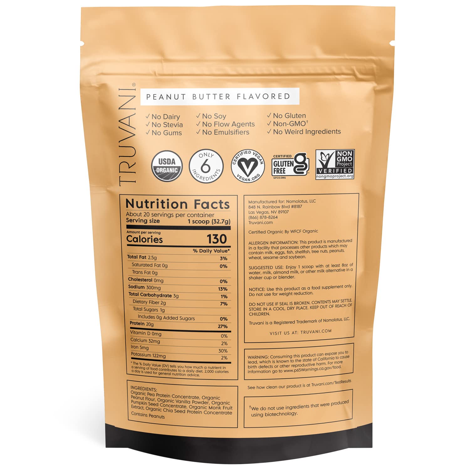 Truvani Organic Vegan Protein Powder Peanut Butter - 20g of Plant Based Protein, Powder Truvani buy supplements canada