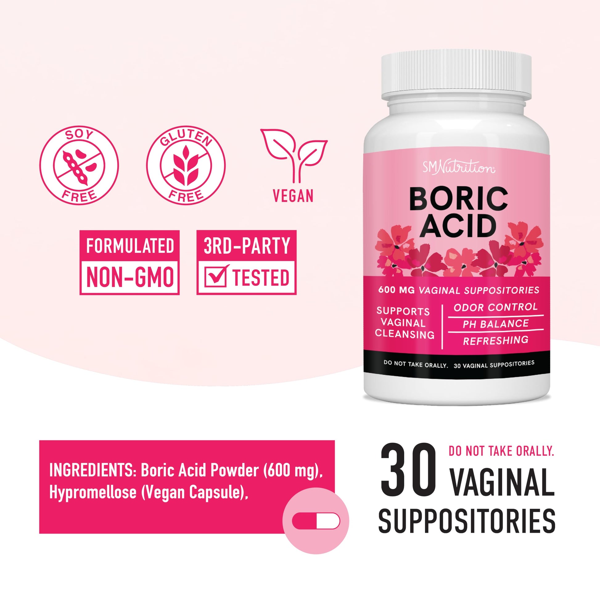 Boric Acid Suppositories for Women | 600mg | for pH Balance, Vaginal Odor & Itching | Feminine Hygiene SMNutrition buy supplements canada