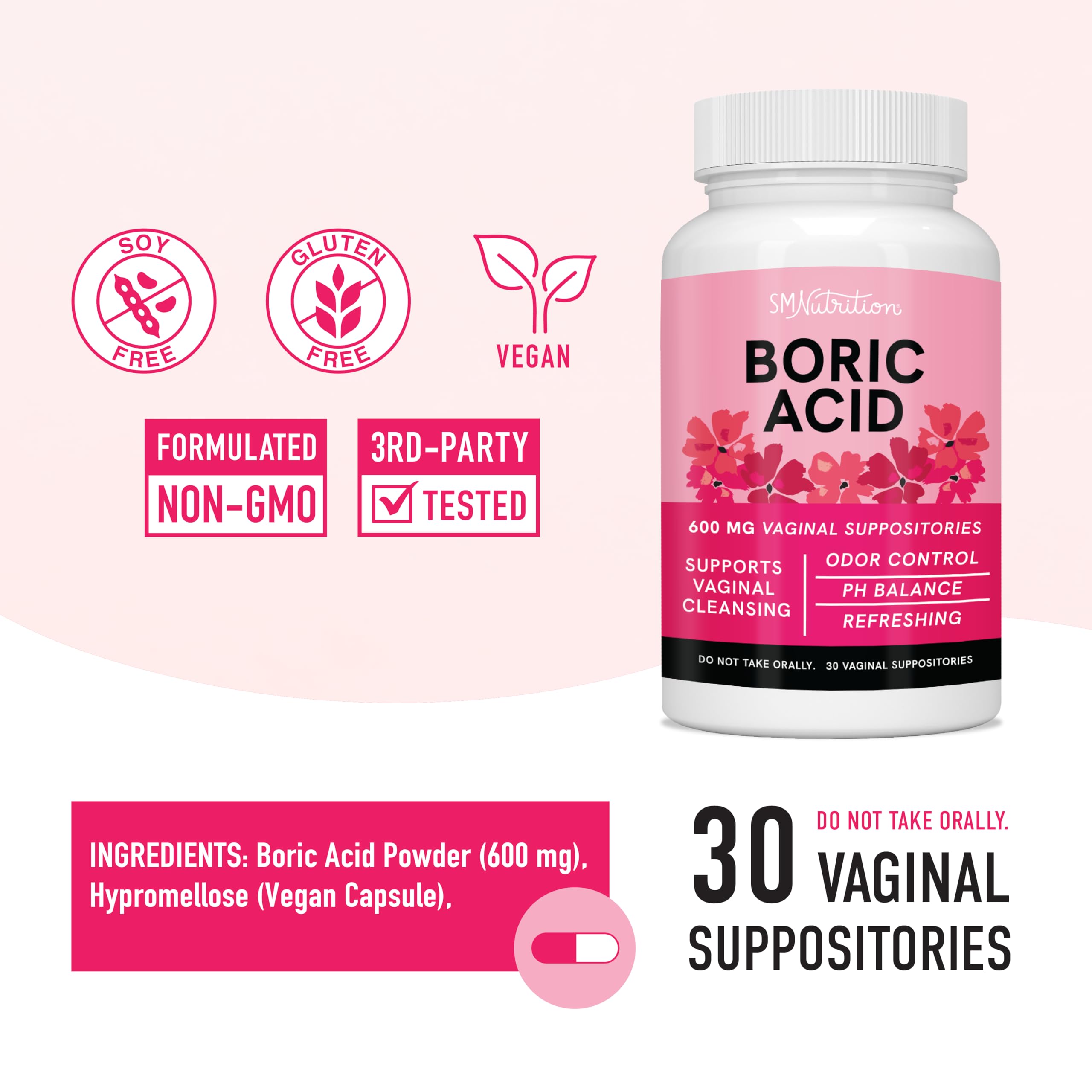 Boric Acid Suppositories for Women | 600mg | for pH Balance, Vaginal Odor & Itching | Feminine Hygiene SMNutrition buy supplements canada