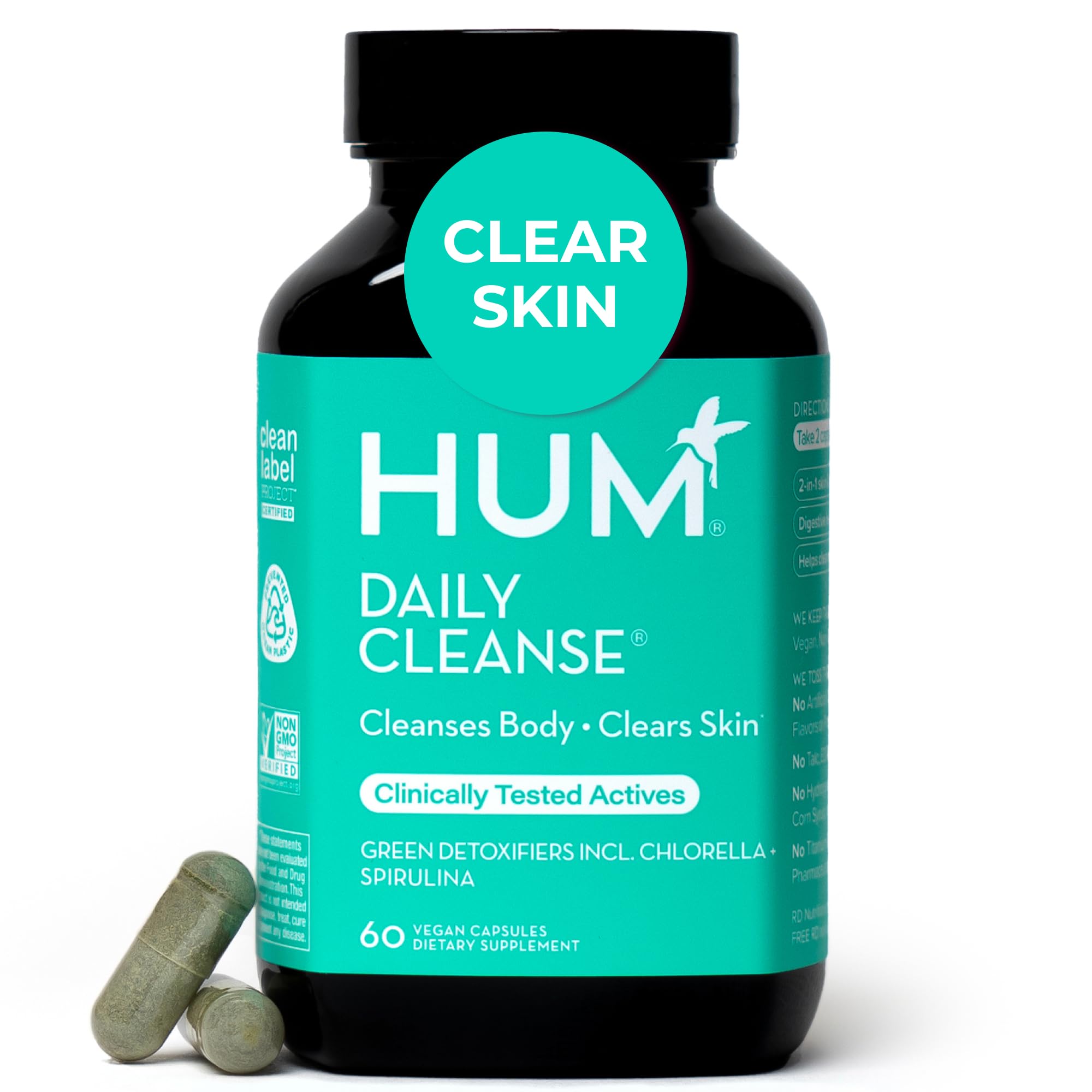HUM Daily Cleanse Acne Supplements for Women & Men, Gentle Digestive Cleanse for Clear Skin Support, Zinc, Spirulina, Chlorella, Detoxifying Herbs, Organic Algae, Skin Vitamins Supplement, 60 Capsules HUM buy supplements canada