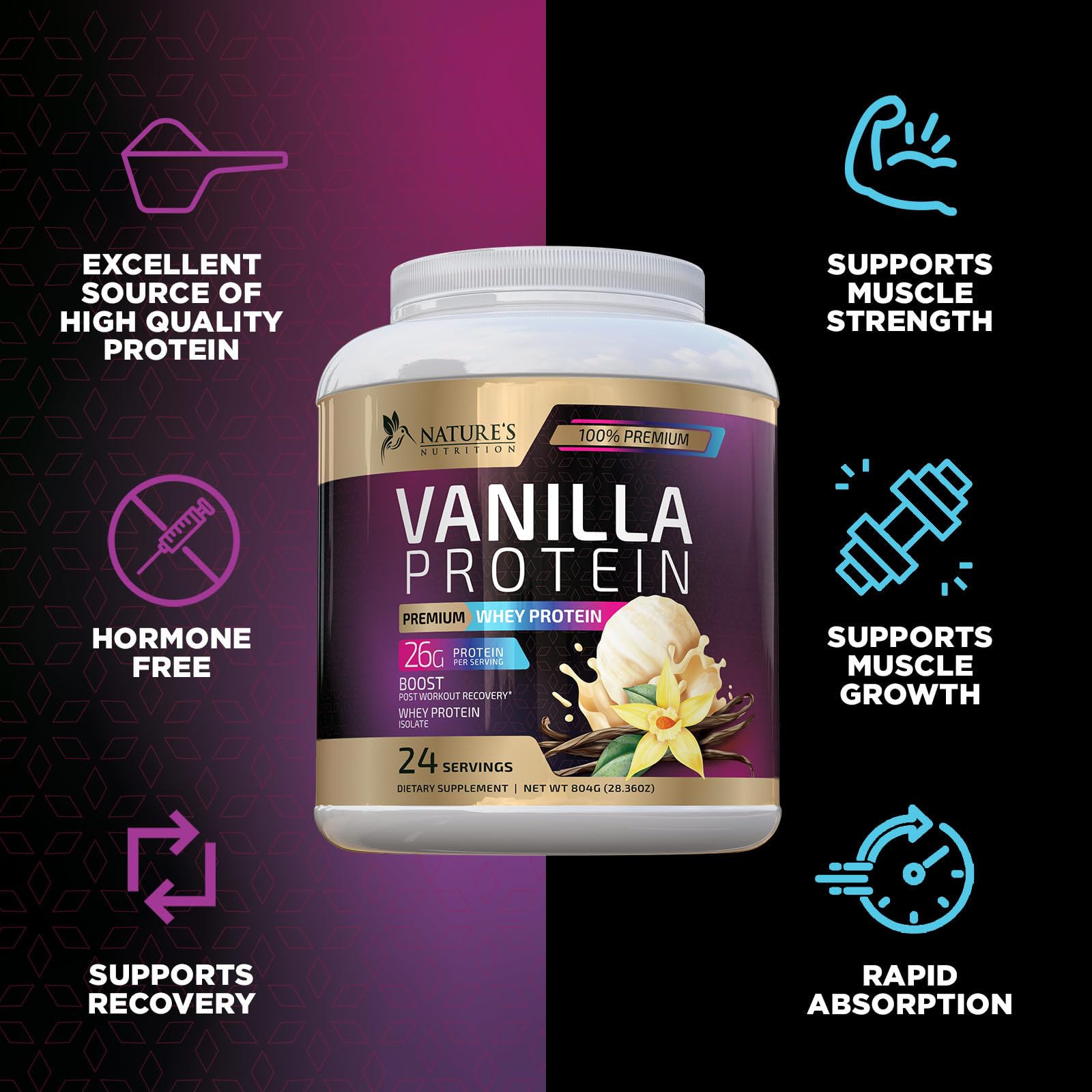 Whey Protein Powder 26g - Vanilla Ice Cream Whey Isolate Protein for Muscle Growth Nature's Nutrition buy supplements canada
