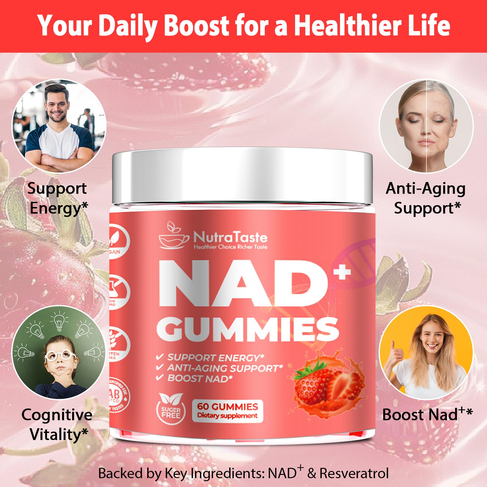 NUTRATASTE HEALTHIER CHOICE RICHER TASTE NAD⁺ Gummies Supplement for Anti-Aging, Energy & Focus Boost | Resveratrol, Nicotinamide Riboside | Strawberry Flavor, Vegan, Sugar-Free,60 Count (Pack of 1) NUTRATASTE HEALTHIER CHOICE RICHER TASTE buy supplements canada
