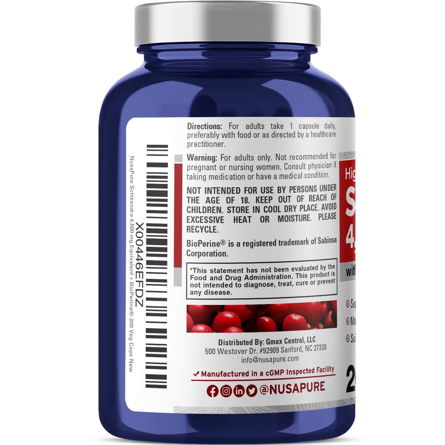 NusaPure Schizandra Berries 20:1 Extract, 225 mg Equivalent to 4500mg, 200 Vegan Capsules (Non-GMO, Bioperine) NusaPure buy supplements canada