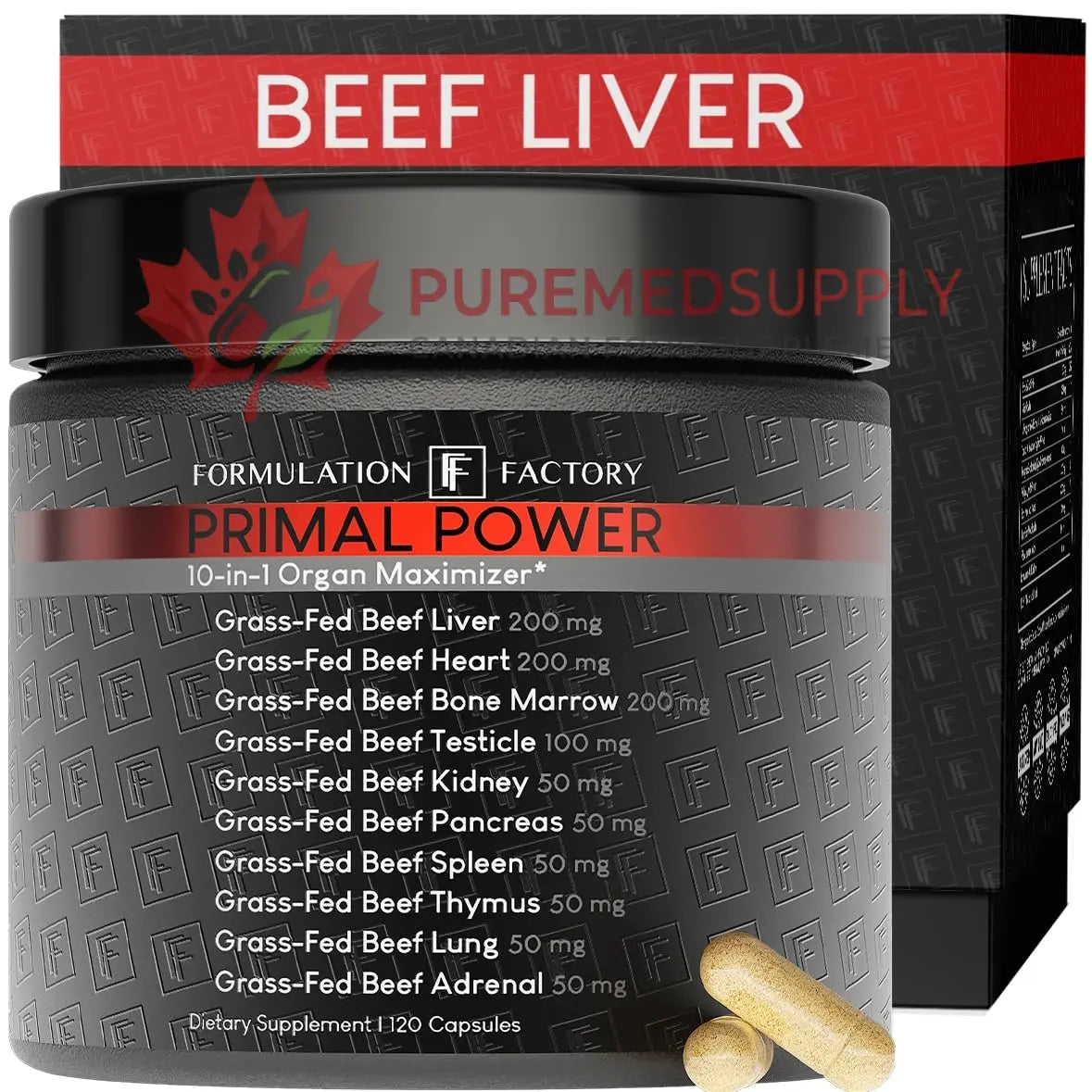 Formulation Factory Primal Power 10-in-1 Beef Organ Supplement - Grass Fed Beef Liver Capsules with Heart, Bone Marrow, Kidney, Testicle - Freeze Dried Organ - 120 Capsules, 2 Month Supply Formulation Factory buy supplements canada