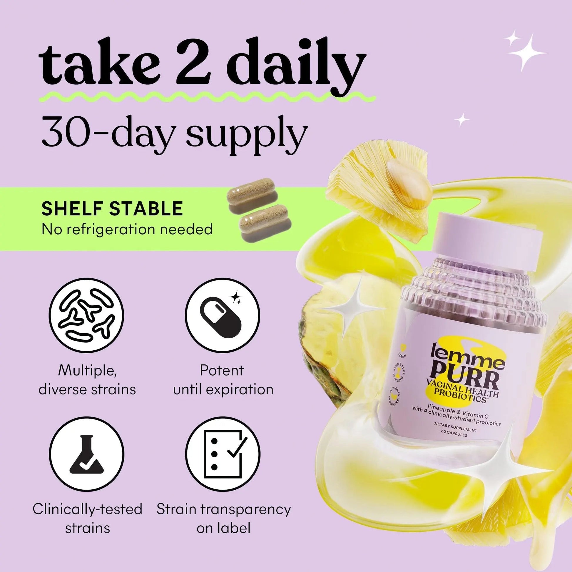 Lemme Purr Vaginal Probiotics for Women - Promotes pH Balance, Healthy Vaginal Odor & Urinary Tract Health w/Lactobacillus Blend, Clinically Tested Strains, Pineapple & Vitamin C - 60 Veggie Capsules Lemme buy supplements canada