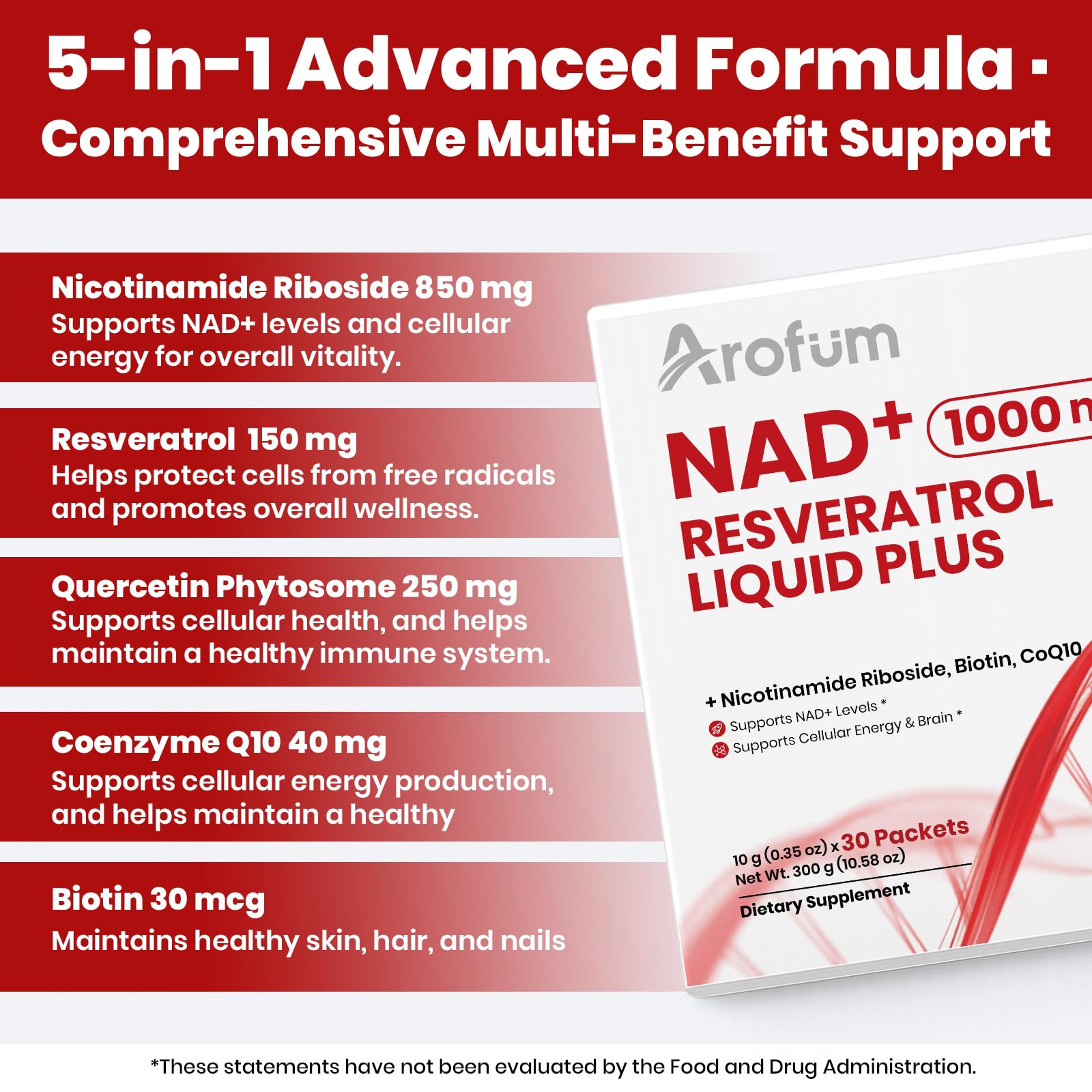 Arofum NAD+ Liquid Supplement 1000mg | 850mg Nicotinamide Riboside with Resveratrol, Quercetin, CoQ10 & Biotin | Cellular Energy, DNA Repair, Healthy Aging | NAD Supplements for Women & Men 30 Packets Arofum buy supplements canada