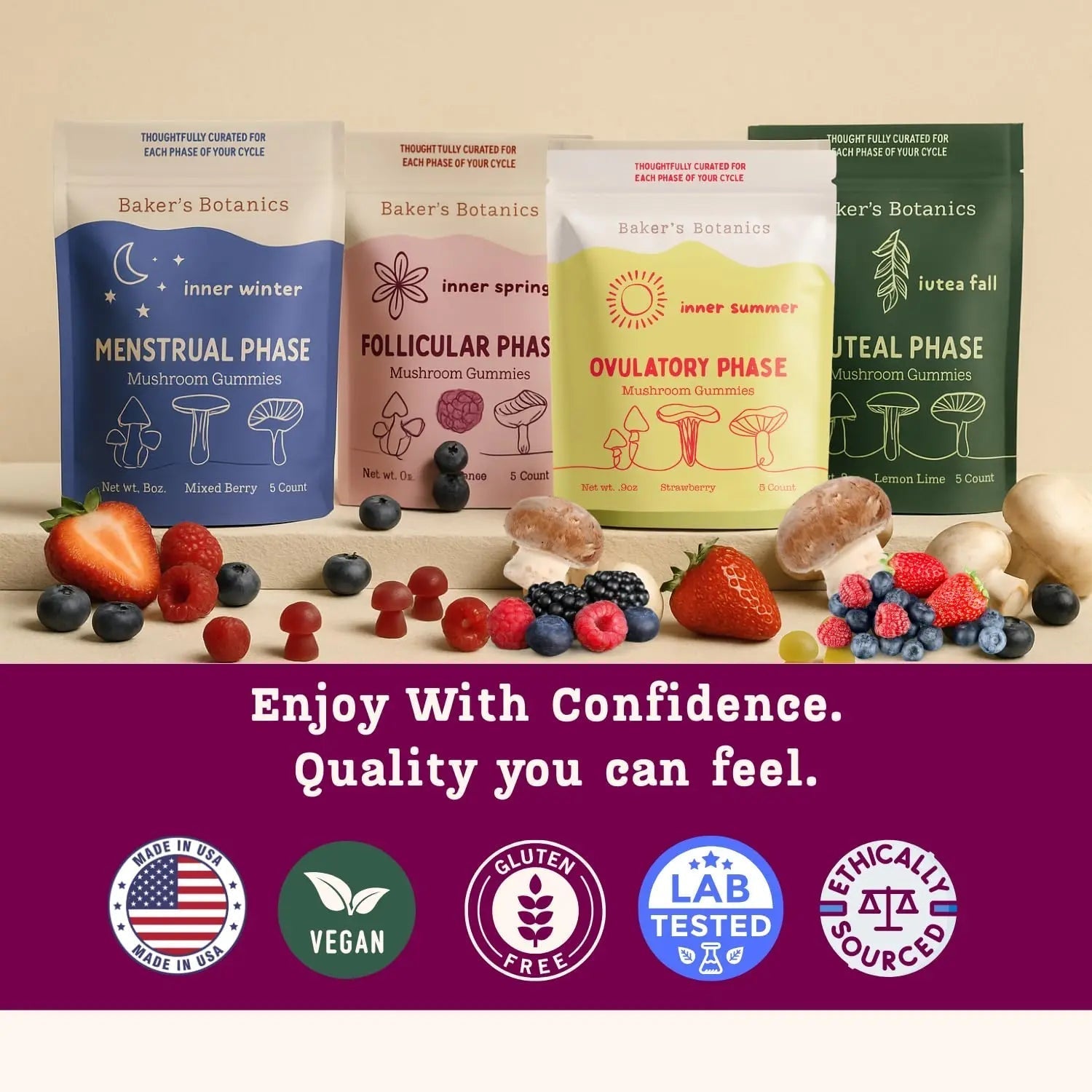 Period ovulatory & PMS Support Supplement for Women – Hormone Balance + 4-Phase Menstrual Cycle Kit | Vegan Functional Mushroom Gummies by Baker’s Botanics (Pack of 6)(30 Gummies) Baker's Botanics buy supplements canada
