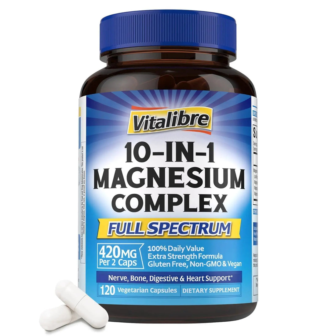 Vitalibre 10 in 1 Magnesium Complex, 420mg Elemental Magnesium | Ultra Strength, Max Absorption | Chelated Magnesium Supplement for Nerves, Bone & Heart Health | Non-GMO, 120 Vegan Capsules Vitalibre buy supplements canada