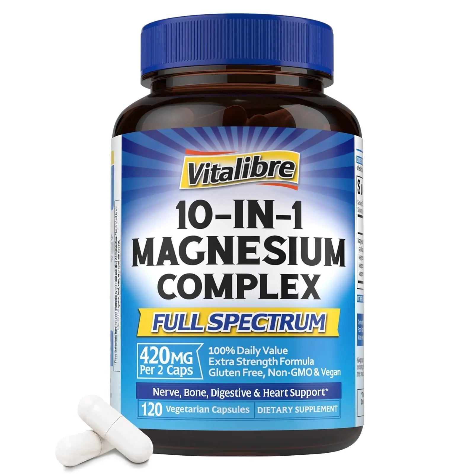Vitalibre 10 in 1 Magnesium Complex, 420mg Elemental Magnesium | Ultra Strength, Max Absorption | Chelated Magnesium Supplement for Nerves, Bone & Heart Health | Non-GMO, 120 Vegan Capsules Vitalibre buy supplements canada