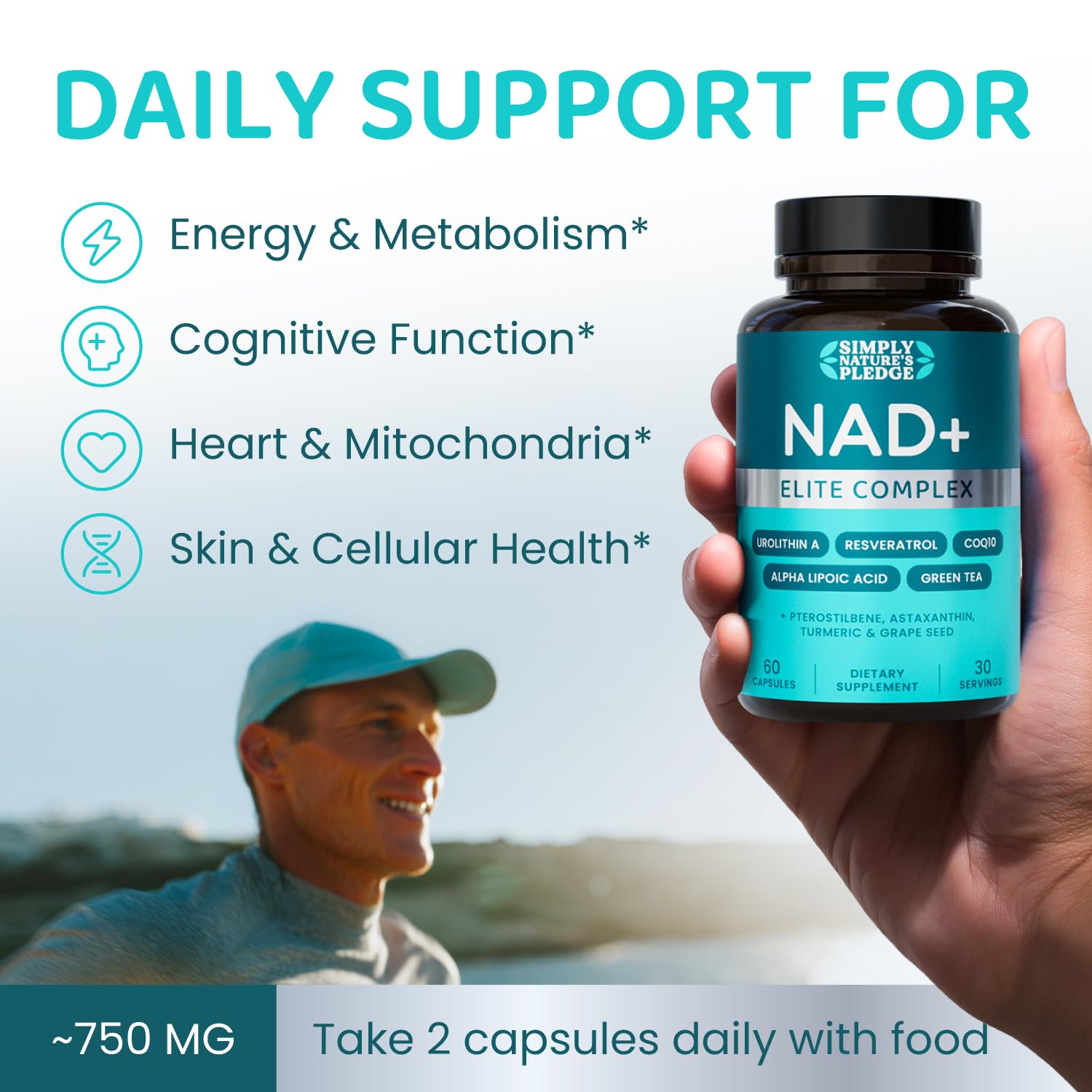 NAD+ Elite Complex – Direct NAD+ 300 mg with Urolithin A, Resveratrol, CoQ10 & Antioxidant Blend – Cellular Energy, Mitochondrial Support & Healthy Aging – Vegan, Non-GMO, 60 Capsules (30 Servings) Simply Nature's Pledge buy supplements canada