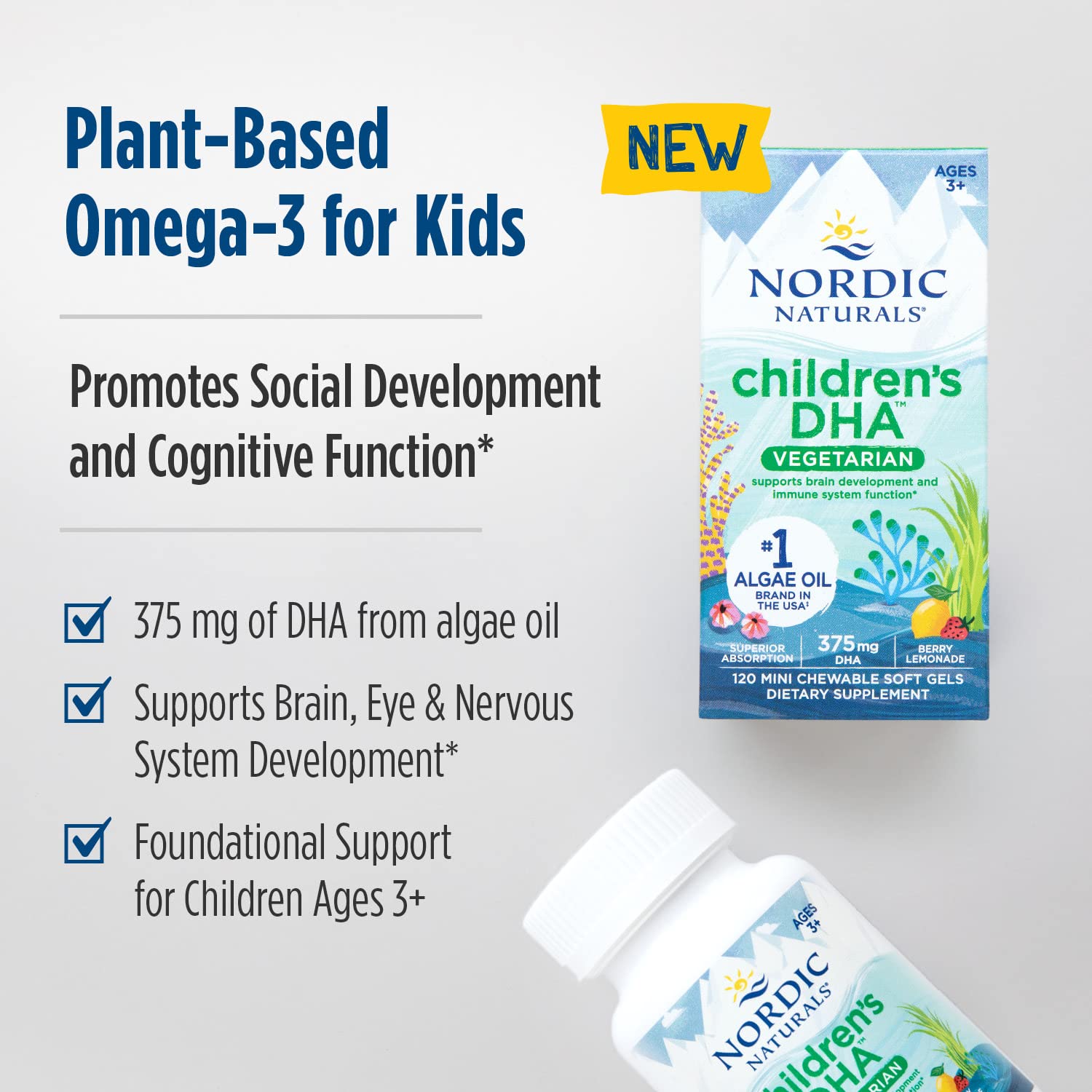 Nordic Naturals Children's DHA Vegetarian - Kids DHA Omega-3 Supplement -Algae Oil - Berry Lemonade Mini Chewables - Plant-Based Formula for Ages 3+ - 120 Soft Gels - 40 Servings Nordic Naturals buy supplements canada