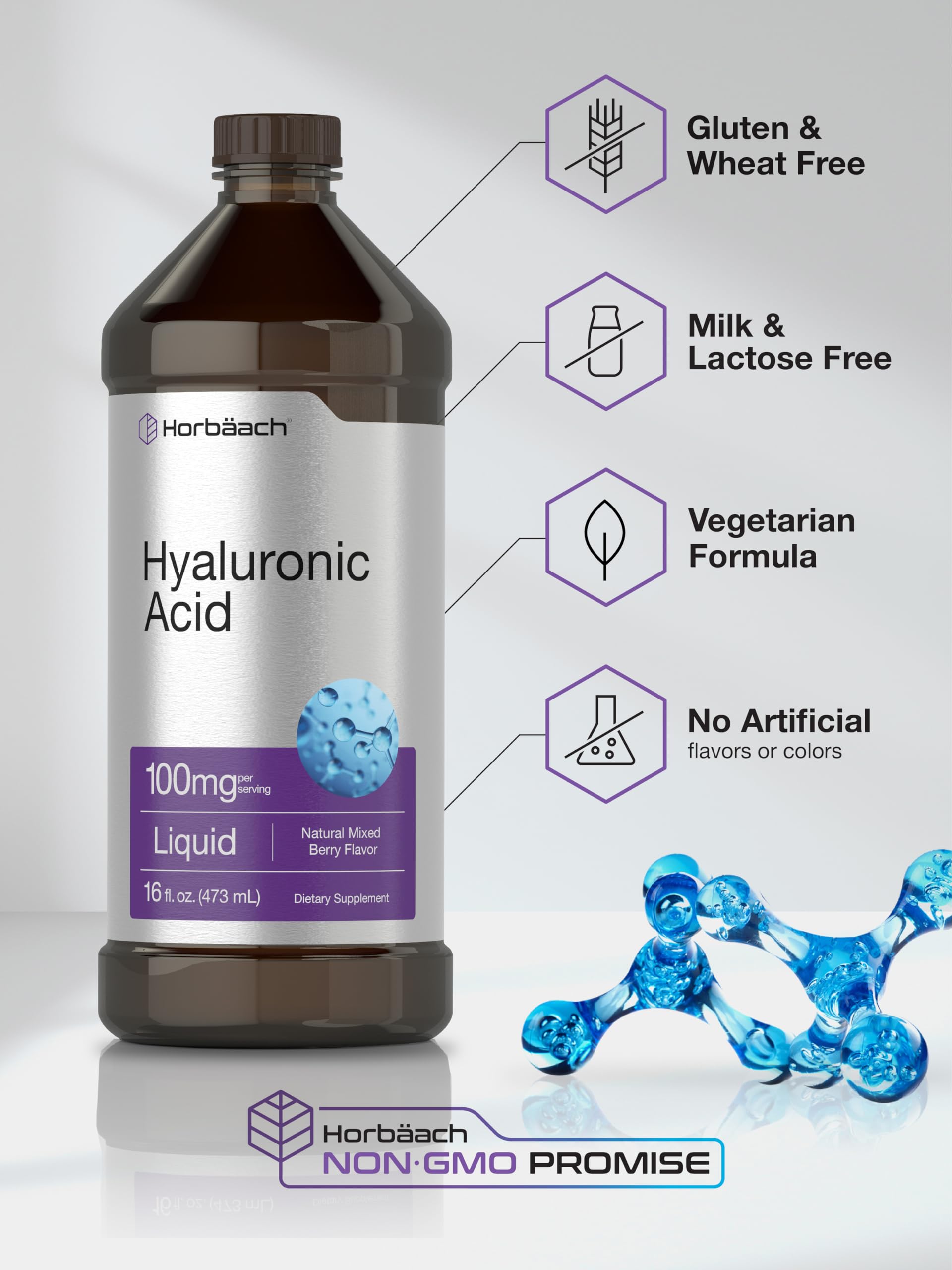 Liquid Hyaluronic Acid Supplement | 100 mg | 16 oz | Mixed Berry Flavor | Non-GMO Horbäach buy supplements canada