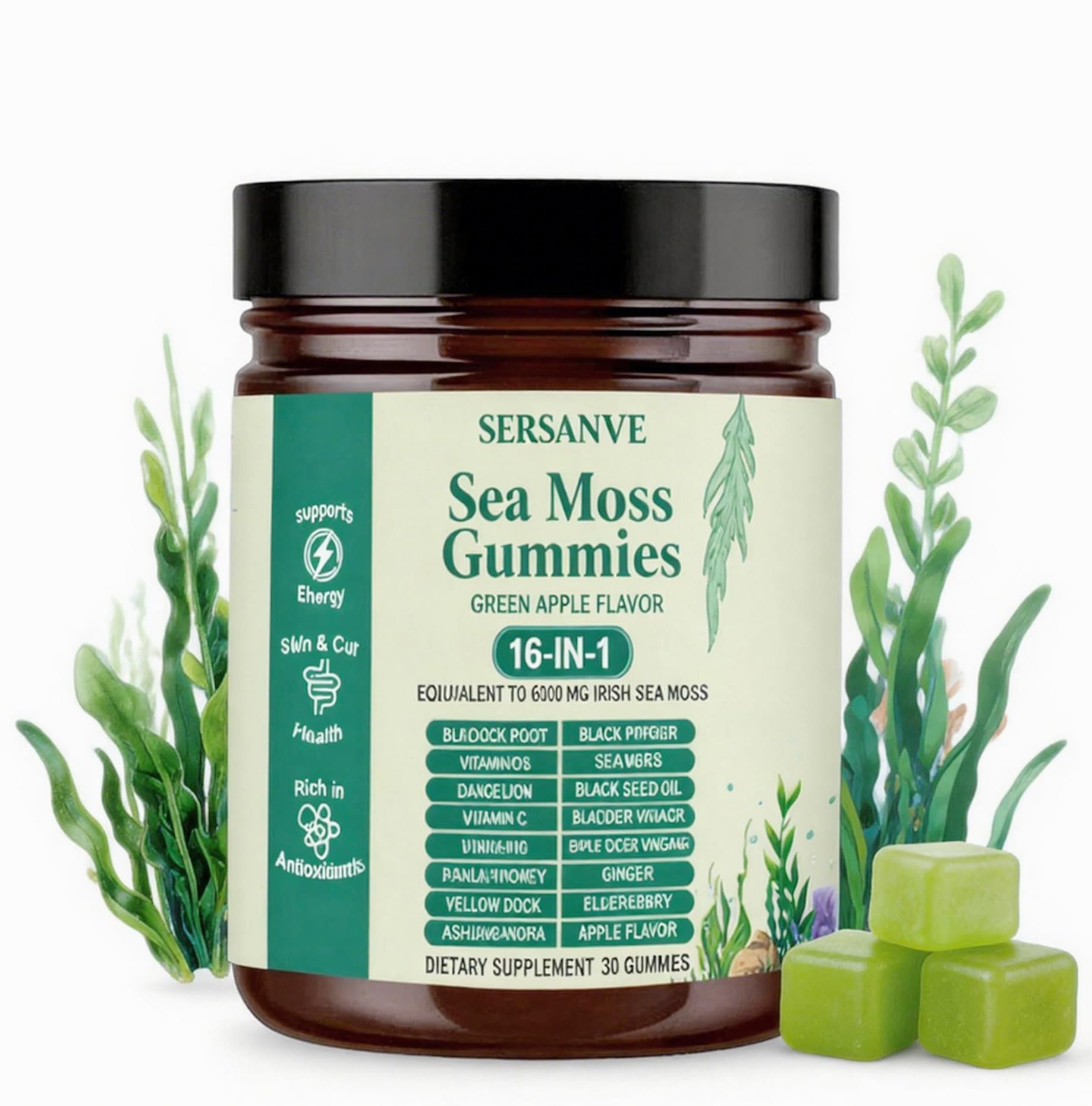 Sea Moss Gummies 16-in-1, with Black Seed Oil, Ashwagandha & Elderberry | Organic Irish Sea Moss Supplement for Men & Women | Daily Support with Manuka, Burdock Root & Vitamins C & D3, 30 Gummies SERSANVE buy supplements canada
