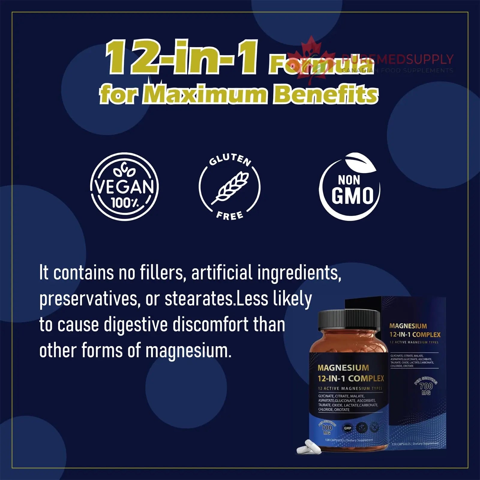 Puravita Magnesium Complex 700mg 12 in 1 Magnesium Supplement with Glycinate, Citrate, Malate & More | Easy Absorption, Energy Support, Vegan & Non-GMO | 120 Capsules (1pc) YPRYPR buy supplements canada