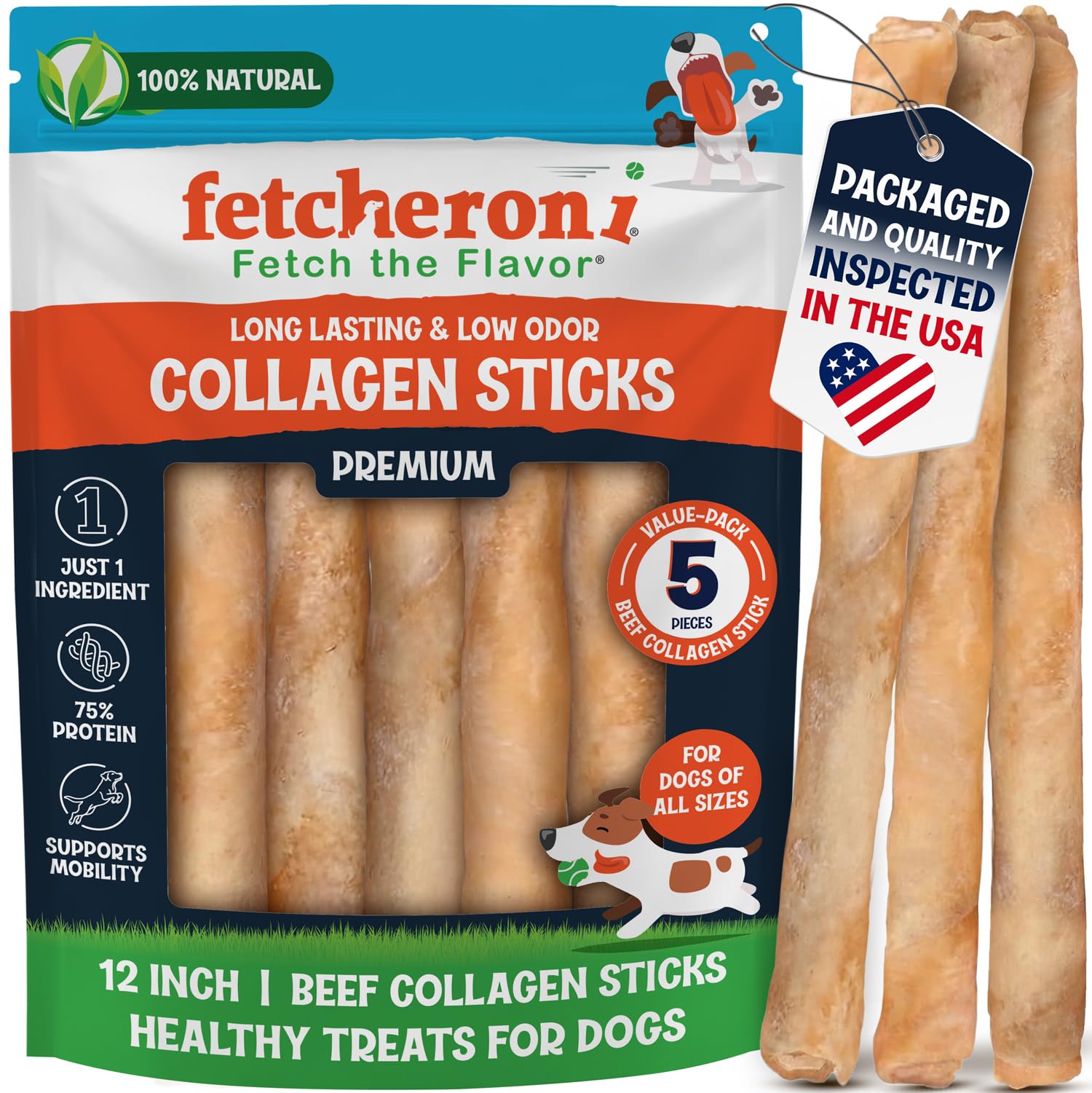 FETCHERONI 12" Collagen Sticks for Dogs – Low Odor Long-Lasting Bully Stick & Rawhide Alternative, Single Ingredient Beef Bone, High Protein Dental Treat, Vet Approved, Improves Joint Health – 5 Pack FETCHERONI buy supplements canada